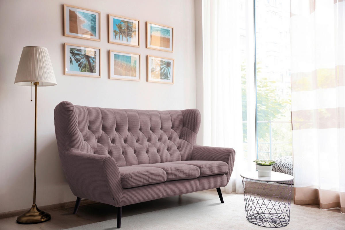 3-SITZER-SOFA Cord Rosa  - Schwarz/Rosa, Design, Holz/Textil (187/101/95cm) - Stylife
