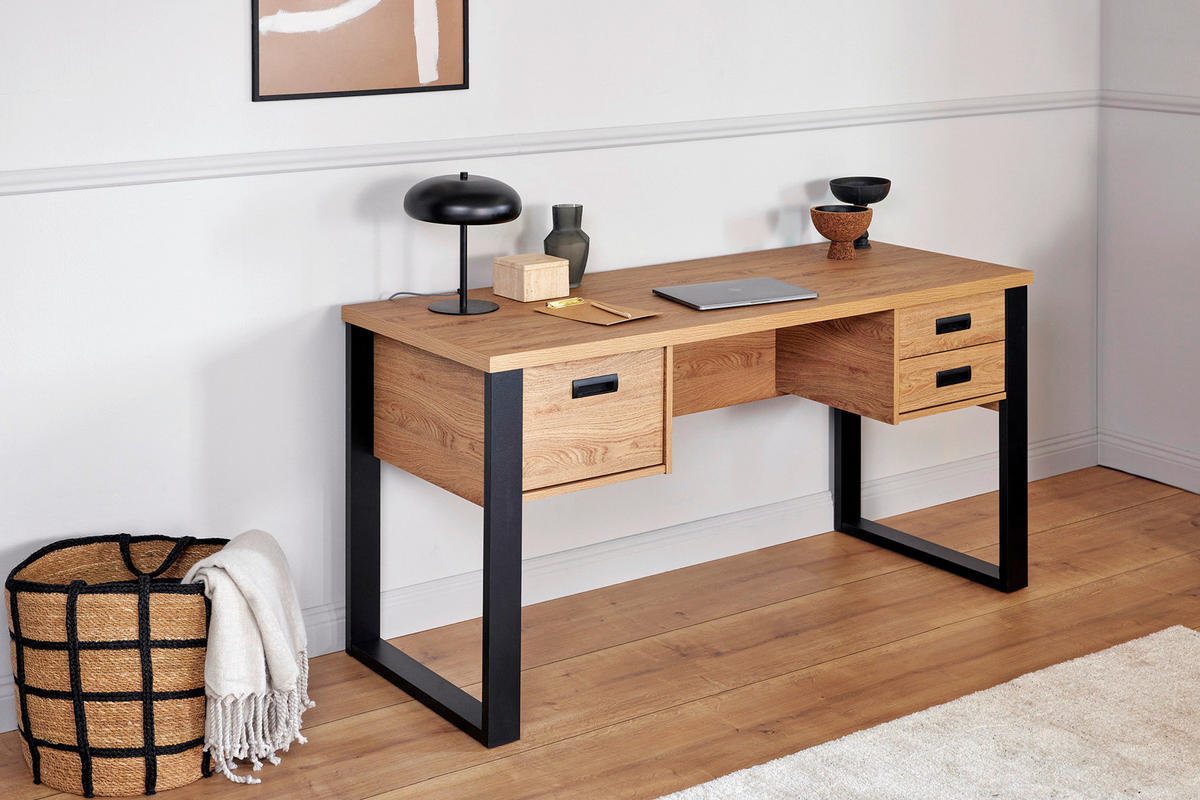 SCHREIBTISCH 150/59/76 cm  in Schwarz, Eichefarben  - Eichefarben/Schwarz, MODERN, Holzwerkstoff/Metall (150/59/76cm) - Livetastic