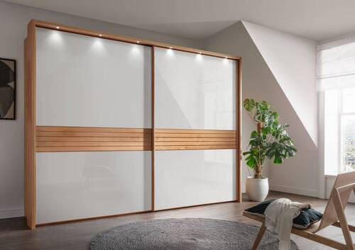 SCHWEBETÜRENSCHRANK in Weiss, Eichefarben  - Weiss/Eichefarben, Design, Glas/Holz (300/217/67cm) - Venda
