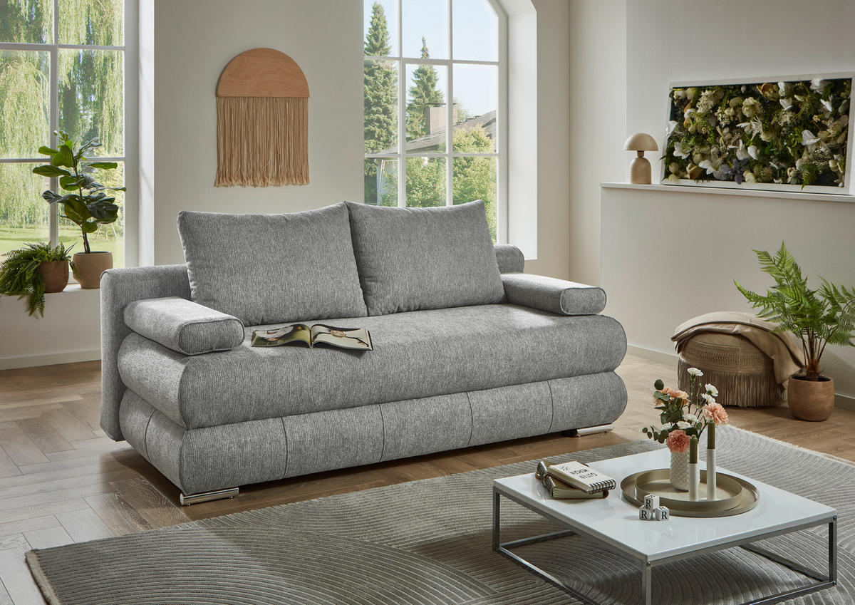 SCHLAFSOFA Webstoff Grau  inkl. Rückenkissen, Armlehnenkissen, Bettkasten, Schlaffunktion, Rücken echt, Liegefläche im Originalstoff  - Edelstahlfarben/Grau, KONVENTIONELL, Textil/Metall (199/95/97cm) - Carryhome