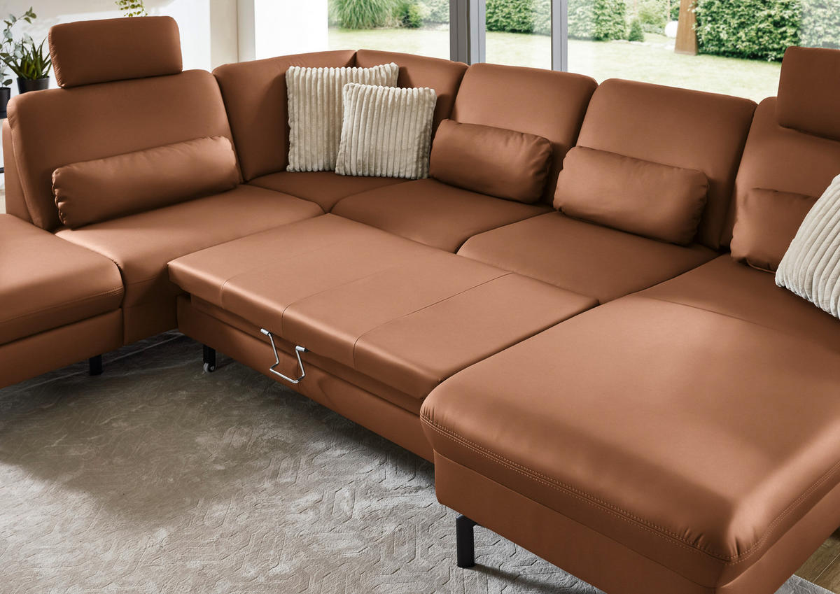 WOHNLANDSCHAFT Beldomo premium in Echtleder Cognac  - Cognac/Schwarz, KONVENTIONELL, Leder/Metall (224/306/168cm) - Beldomo Premium