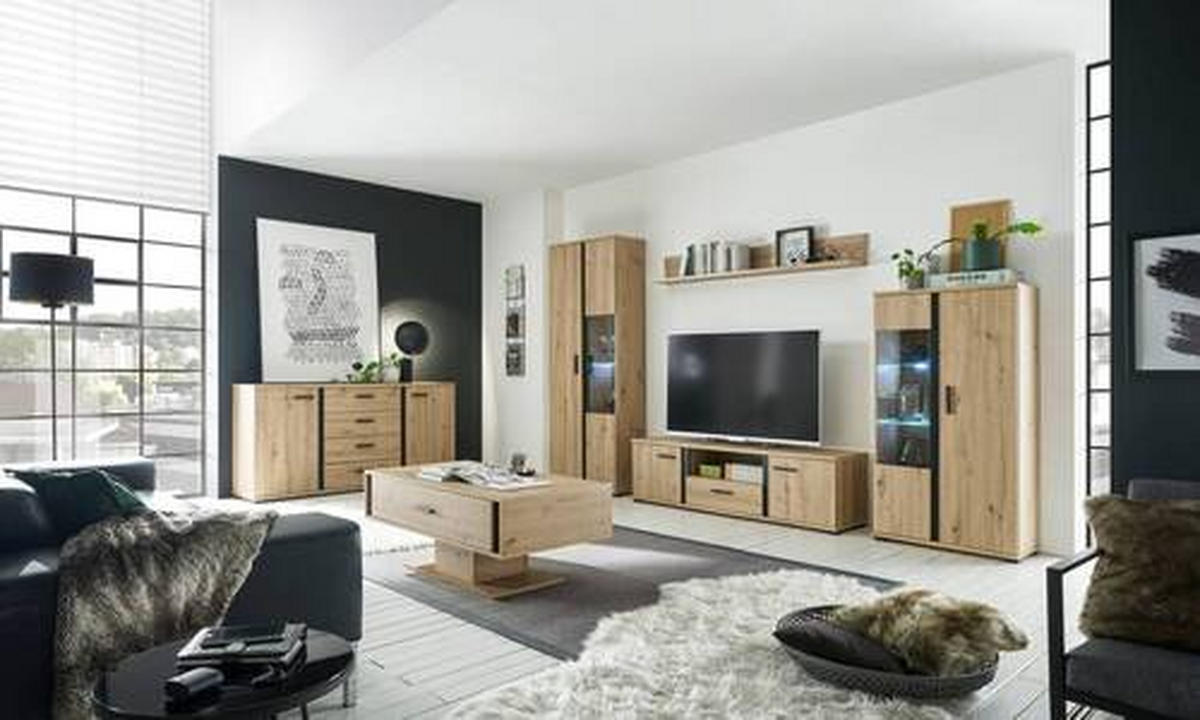 WOHNWAND  in Schwarz, Eichefarben  - Eichefarben/Anthrazit, Design, Glas/Holzwerkstoff - MID.YOU