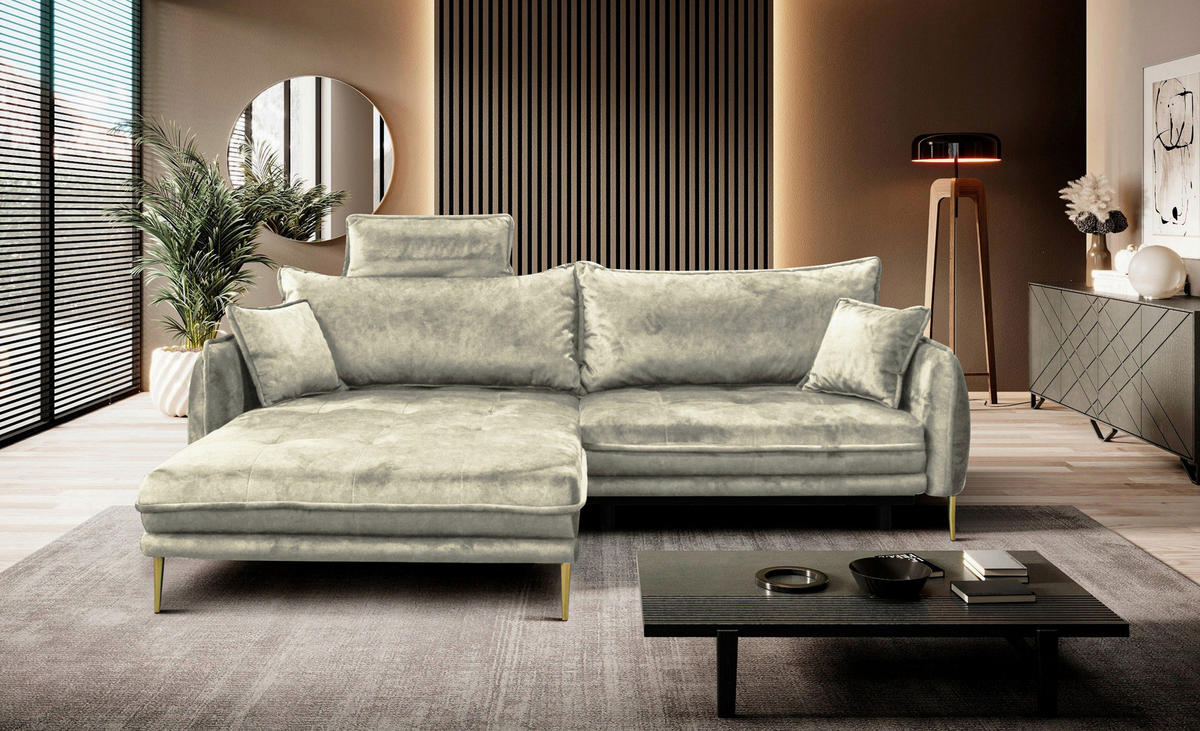 ECKSOFA Creme Velours  - Goldfarben/Creme, Design, Textil/Metall (196/264cm) - MID.YOU