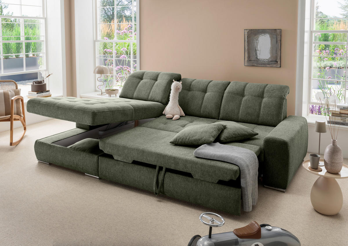 ECKSOFA Chenille Dunkelgrün  - Chromfarben/Dunkelgrün, Konventionell, Textil/Metall (186/283cm) - Livetastic