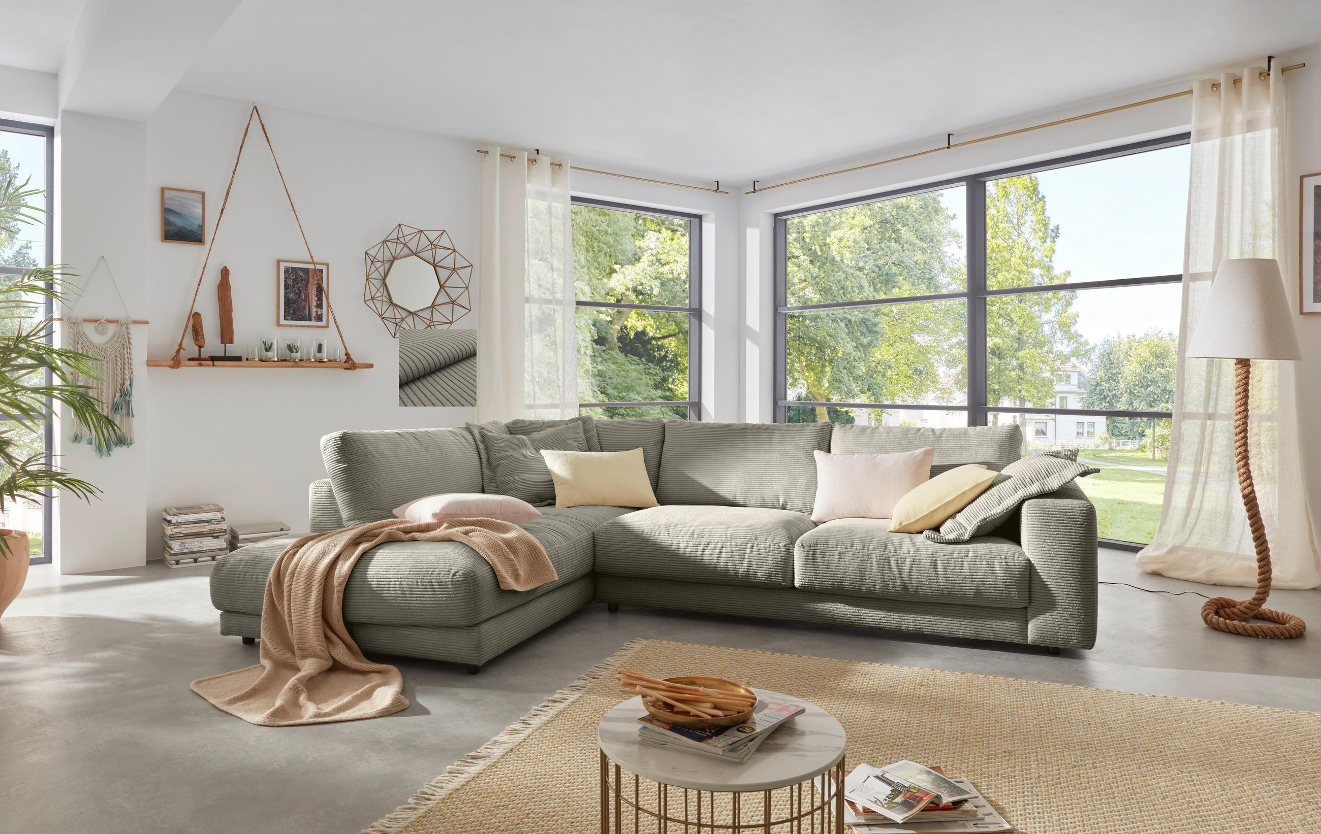 Thumbnail - Hom`in Ecksofa, Graubraun, Textil, 4-Sitzer, Füllung: Schaumstoff, Federn, Ottomane links, L-Form, 325x224 cm, Blauer En...