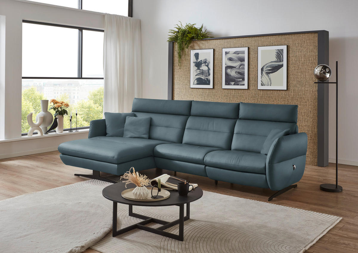 ECKSOFA in Echtleder Blaugrau  - Blaugrau/Schwarz, Design, Leder/Metall (169/298cm) - Dieter Knoll