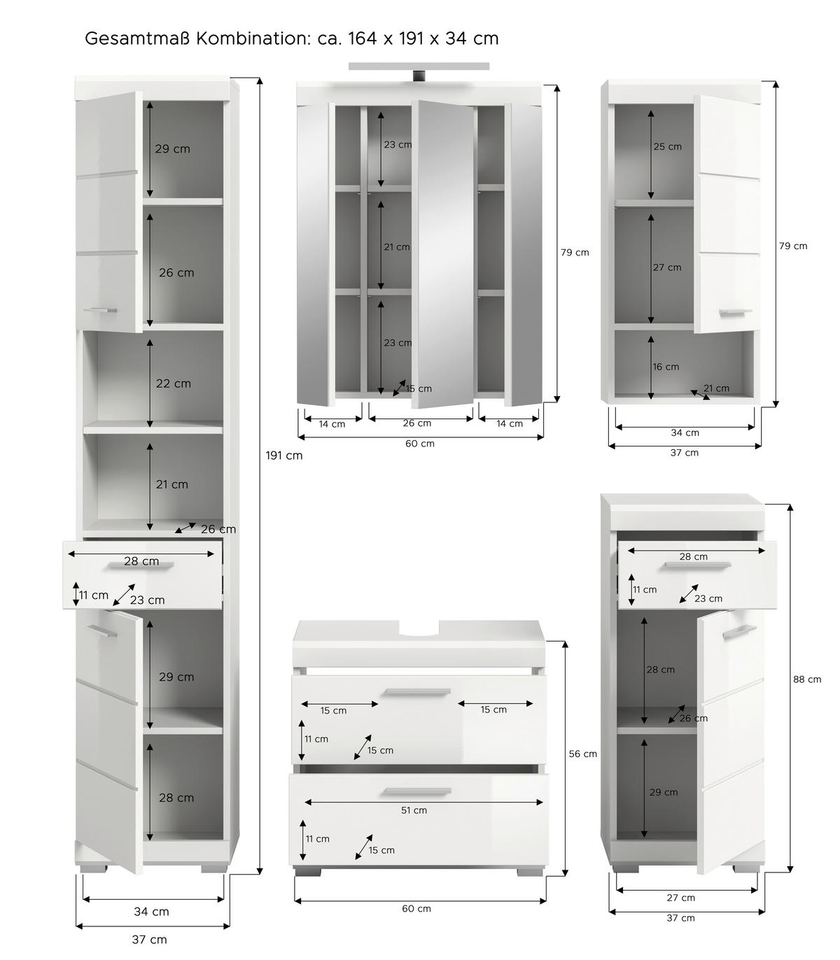 BADEZIMMER 5-teilig  in 134 cm  - Weiß Hochglanz/Silberfarben, MODERN, Glas/Holzwerkstoff (134cm) - MID.YOU