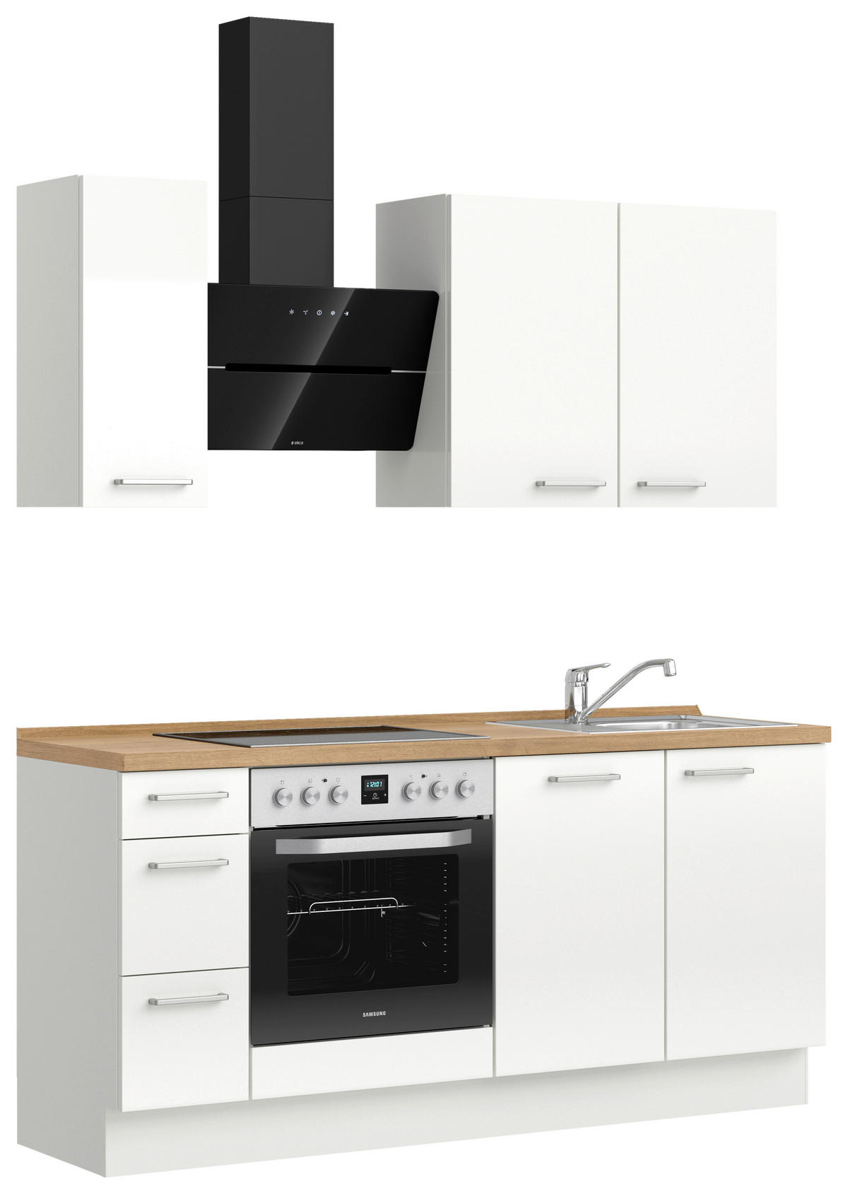 KÜCHENBLOCK 180 cm   in Eichefarben, Weiß Hochglanz  - Edelstahlfarben/Eichefarben, MODERN, Holzwerkstoff/Metall (180cm) - Nobilia
