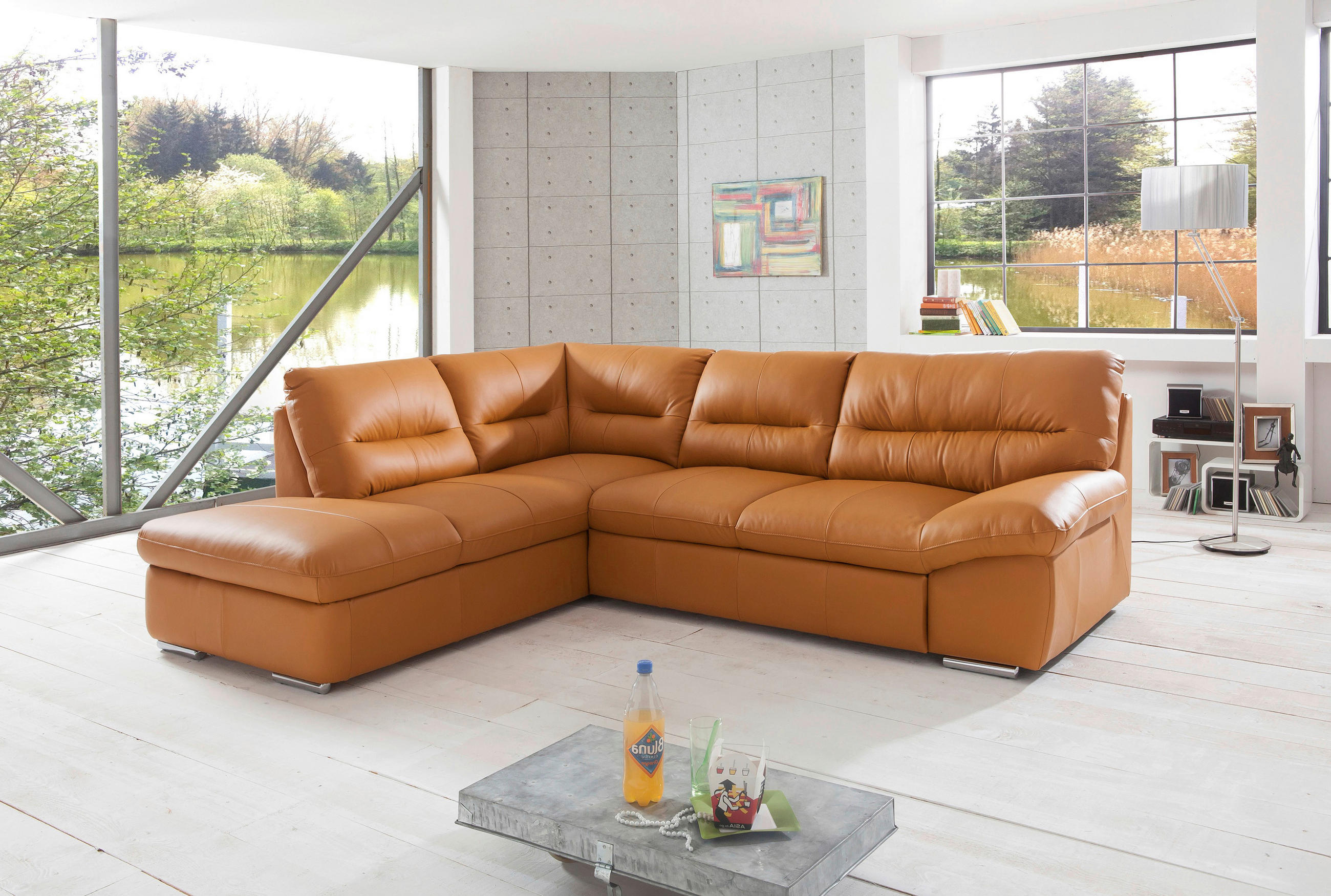 ECKSOFA in Echtleder Cognac  - Chromfarben/Cognac, Design, Leder/Metall (216/268cm) - Livetastic
