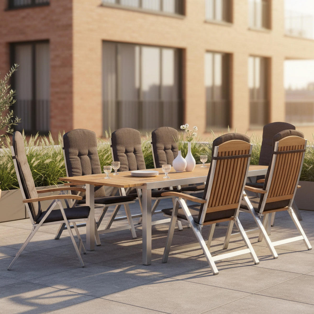 VRTNA GARNITURA Keros  nerjaveče jeklo  srebrne barve, barve akacije  naravne barve, srebrne barve    - srebrne barve/naravne barve, Romantika, kovina/tekstil (180-240/74/100cm) - Gardenson