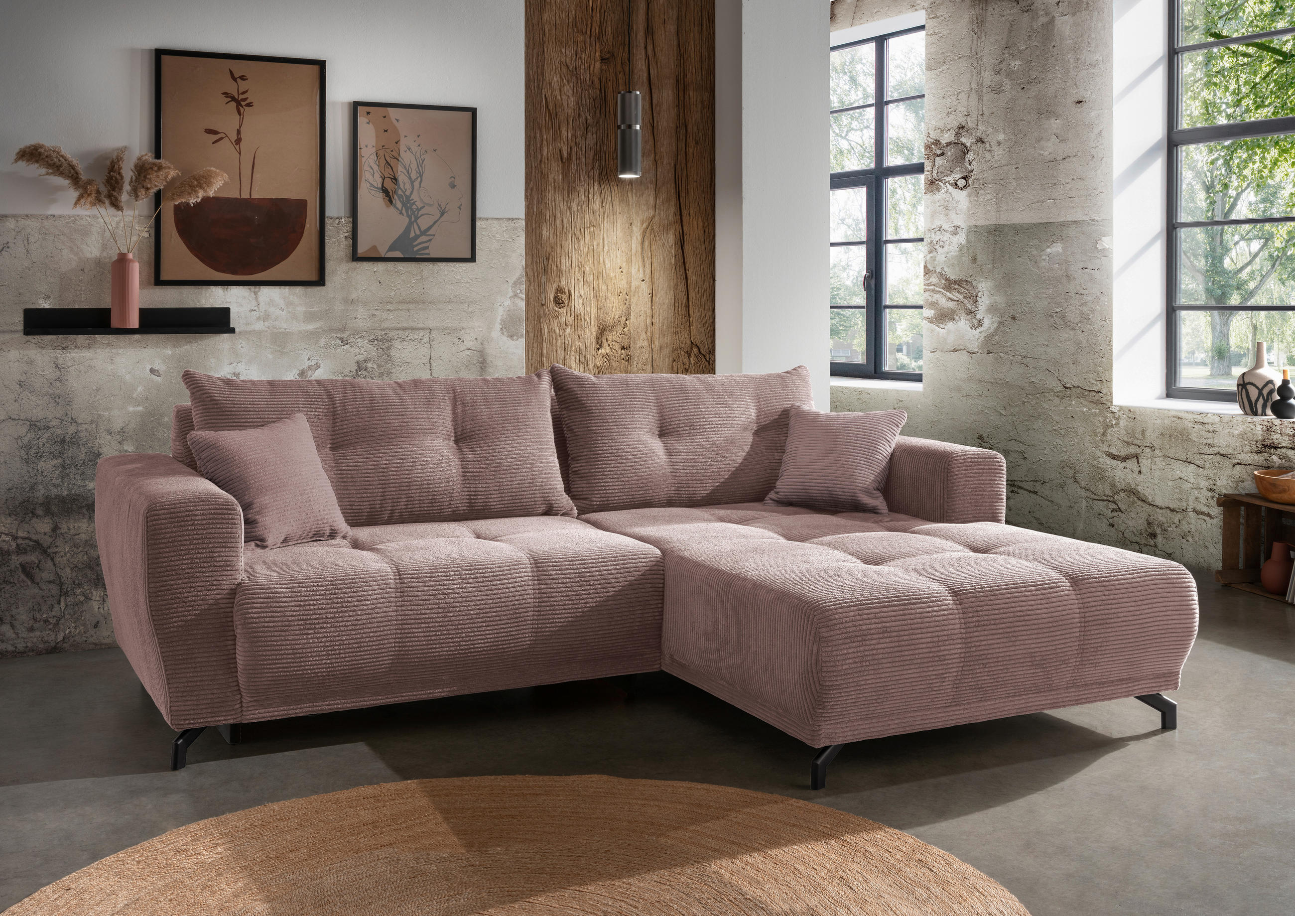 ECKSOFA in Cord Rosa  - Schwarz/Rosa, Modern, Holz/Textil (246/177cm) - MID.YOU