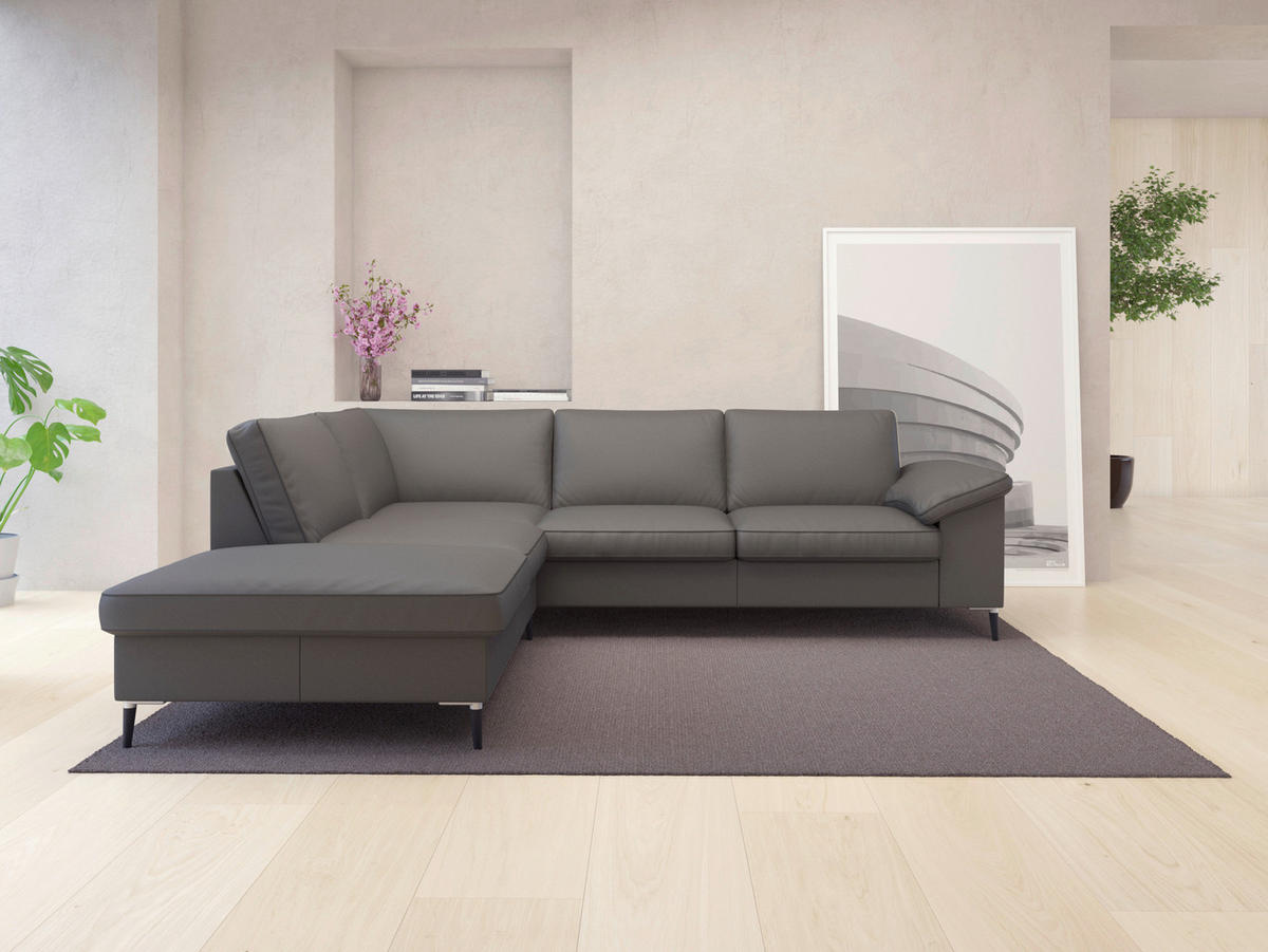 ECKSOFA Dunkelgrau Echtleder  - Dunkelgrau/Schwarz, Design, Leder/Metall (225/247cm) - Livetastic