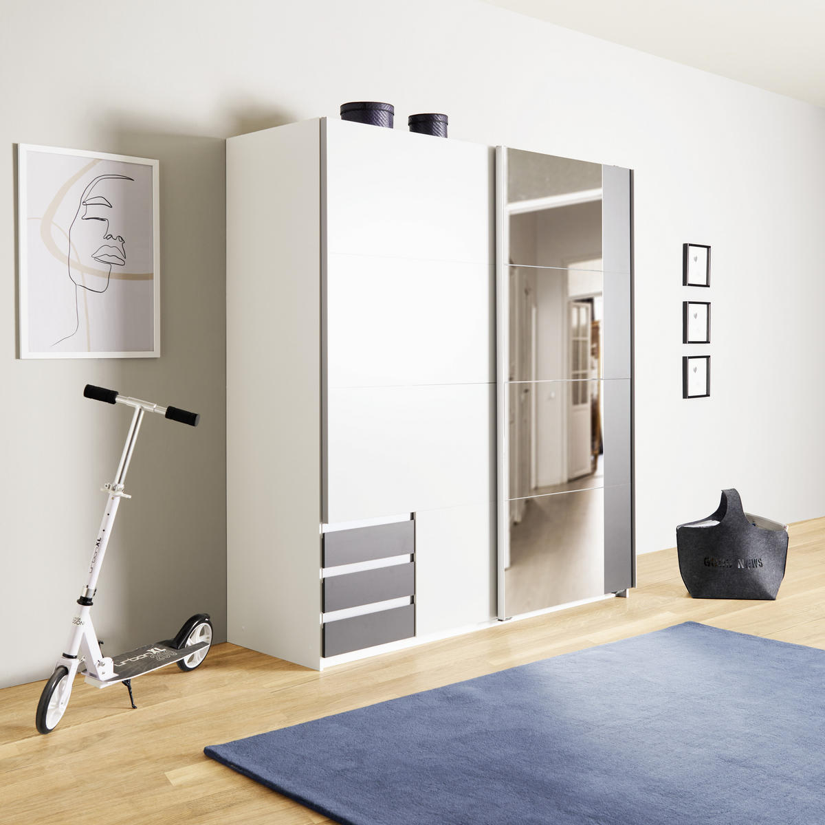 SCHWEBETÜRENSCHRANK 180/198/64 cm 2-türig Graphitfarben, Weiß  - Graphitfarben/Alufarben, MODERN, Holzwerkstoff/Kunststoff (180/198/64cm) - MID.YOU