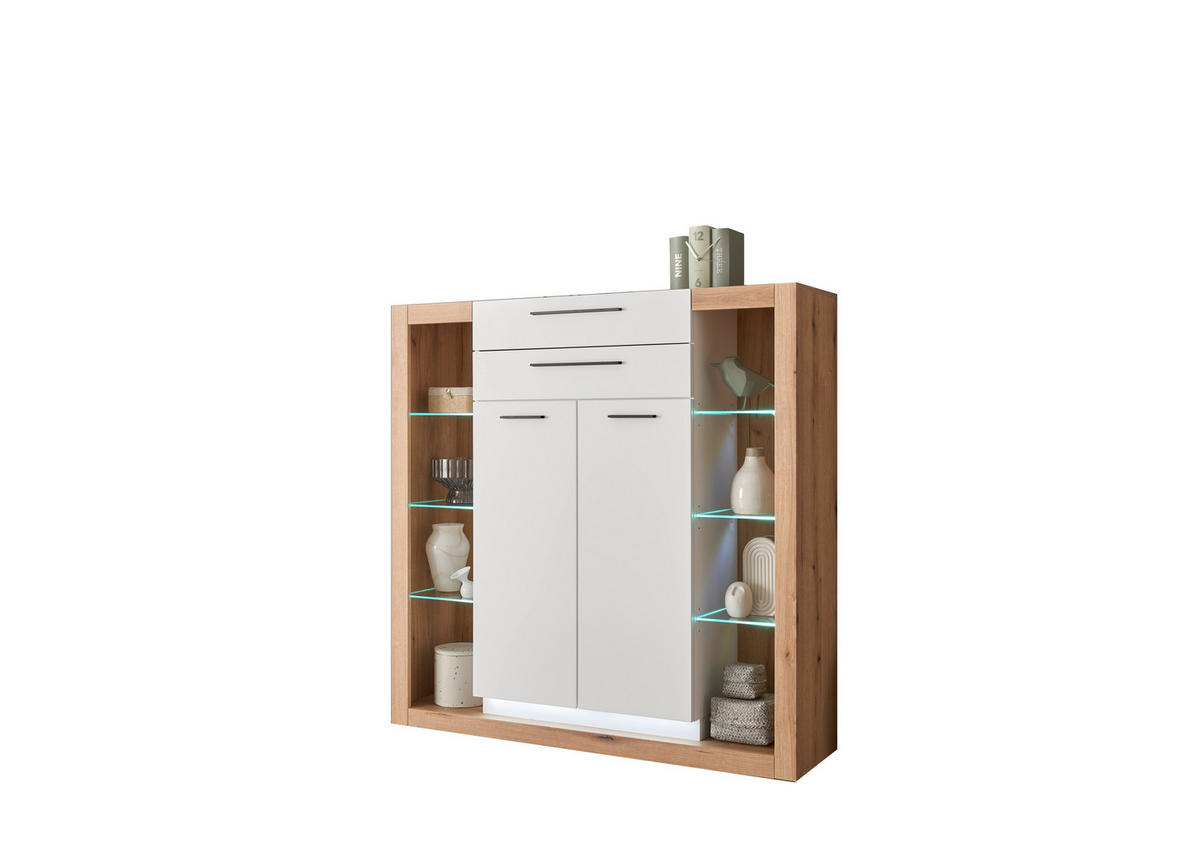 HIGHBOARD  141/139/37 cm 2 Schublade(n)  - Eichefarben/Schwarz, Design, Glas/Holzwerkstoff (141/139/37cm) - MID.YOU