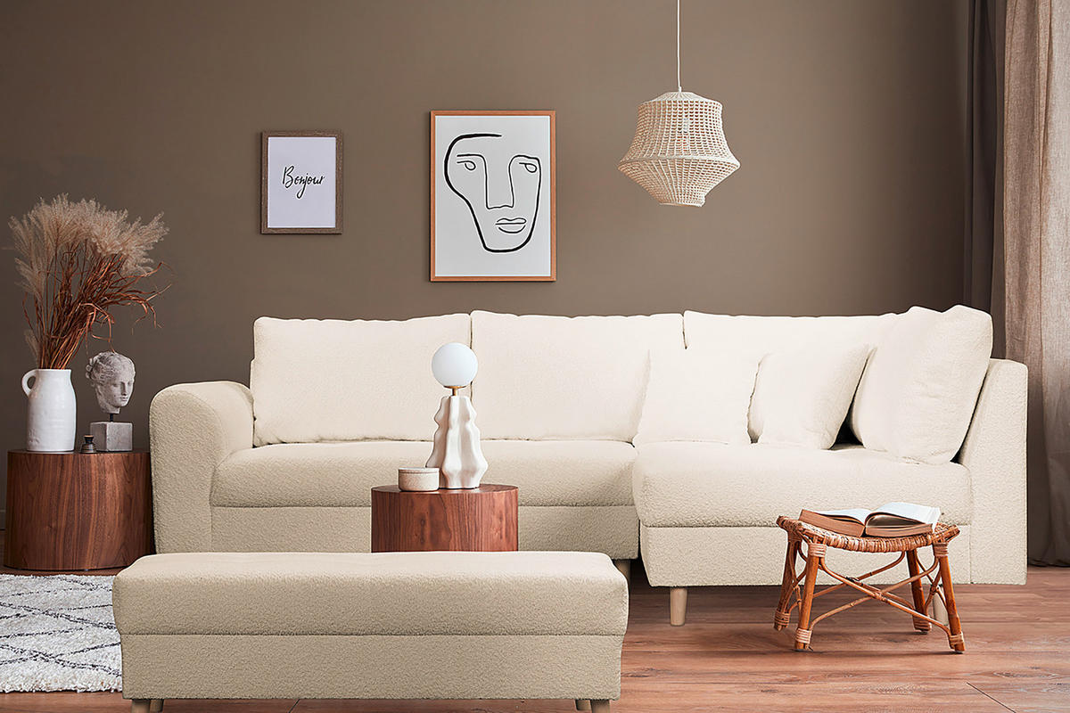 ECKSOFA Ariella Weiß Bouclé  - Naturfarben/Weiß, Design, Holz/Textil (231/161cm) - Livetastic