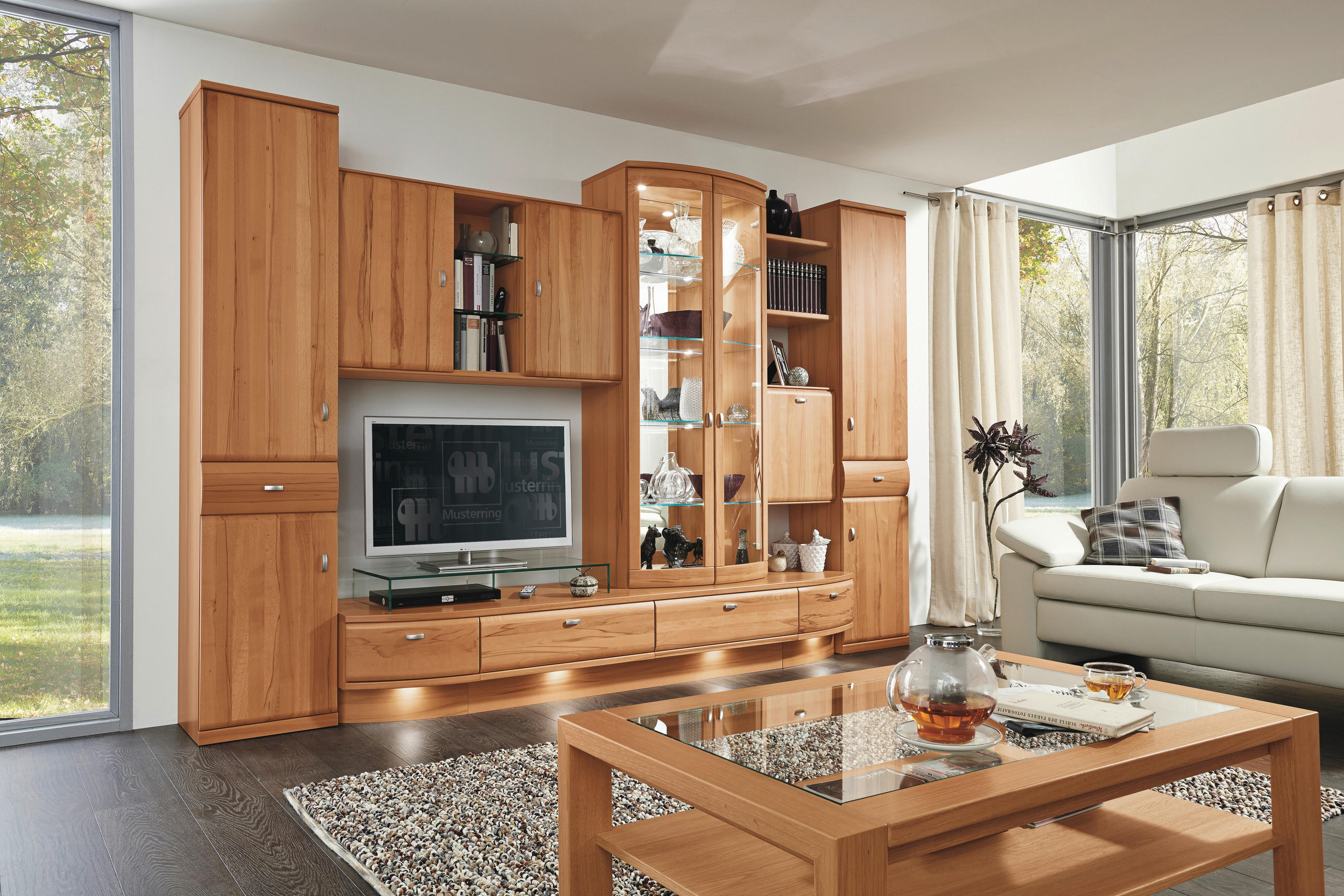 WOHNWAND Kiana  in Buchefarben  330/218,3/58 cm  - Buchefarben/Schwarz, KONVENTIONELL, Glas/Holz (330/218,3/58cm) - Musterring