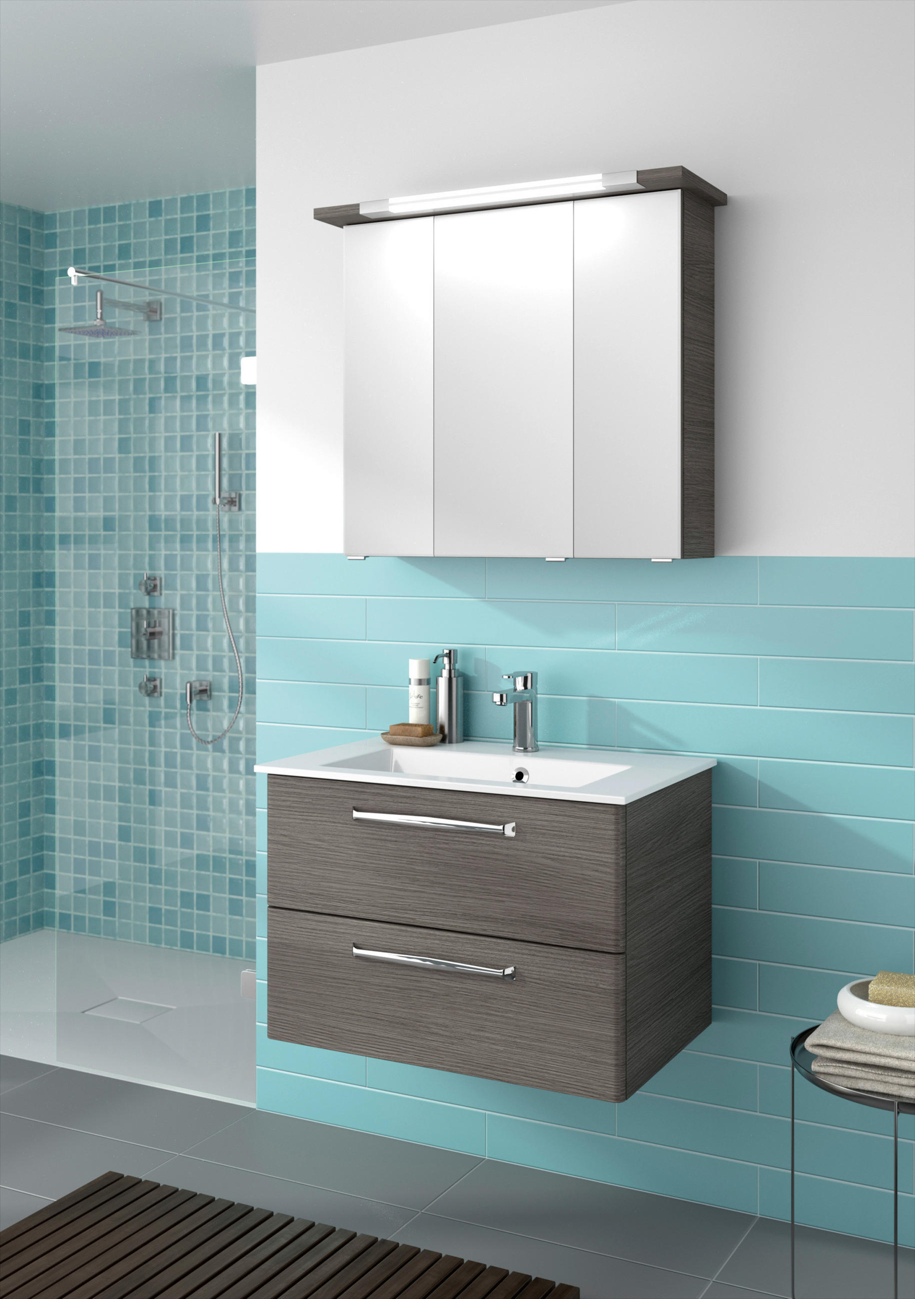 MOBILIER BAIE - alb/culoare lemn stejar, Design, sticlă/piatră (77cm) - Xora