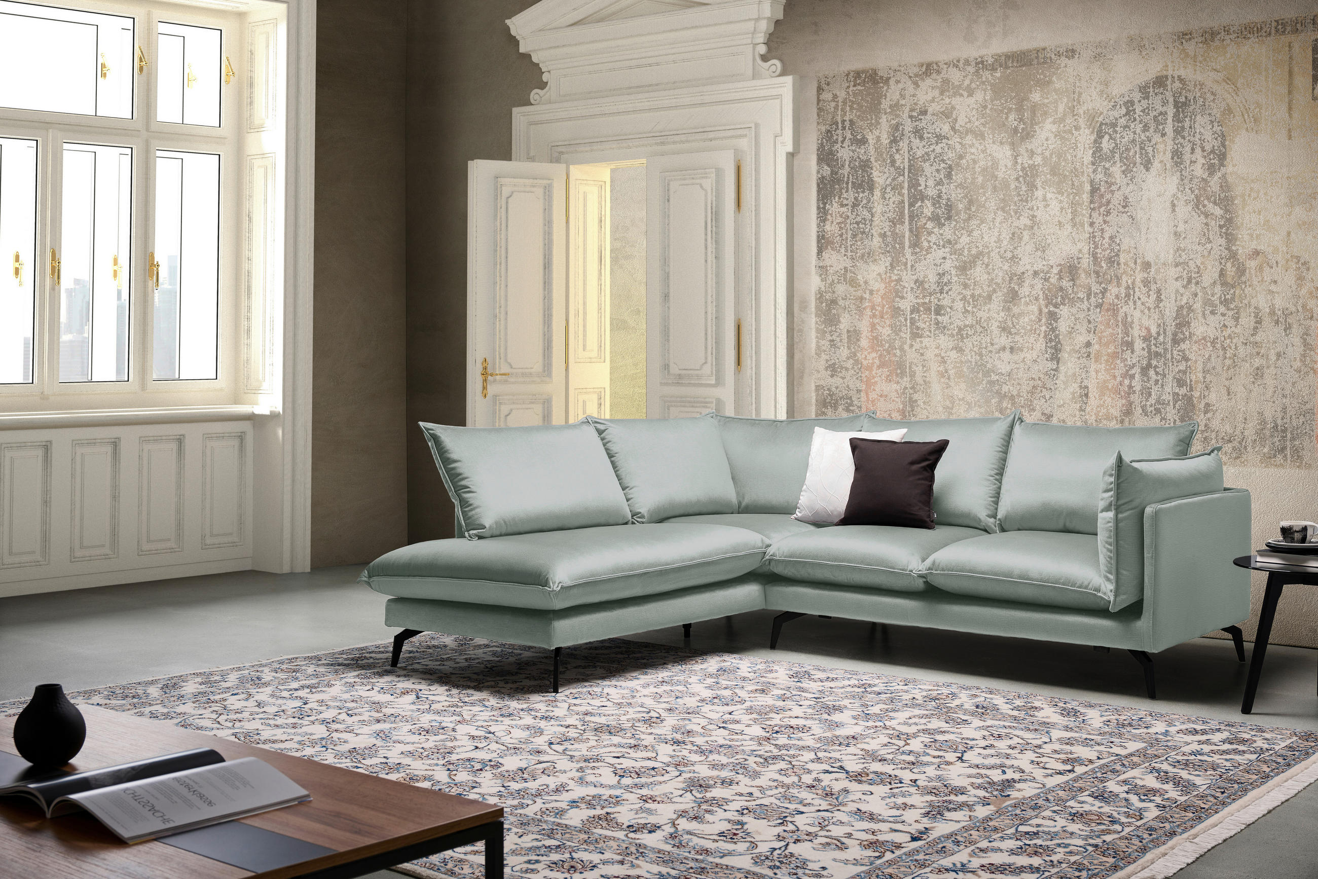 ECKSOFA in Samt Hellgrau  - Hellgrau/Schwarz, Design, Textil/Metall (200/241cm) - Carryhome