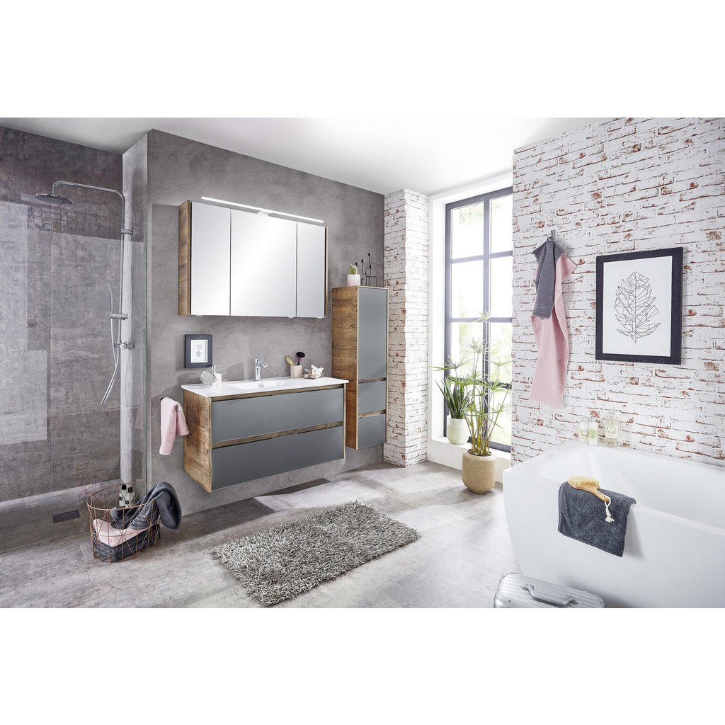 Thumbnail - Sadena Badezimmer Landau, Grau, Eiche, Holzwerkstoff, 2 Schubladen, 105.5 cm, Made in Germany, hängend, Badezimmer, Badm...