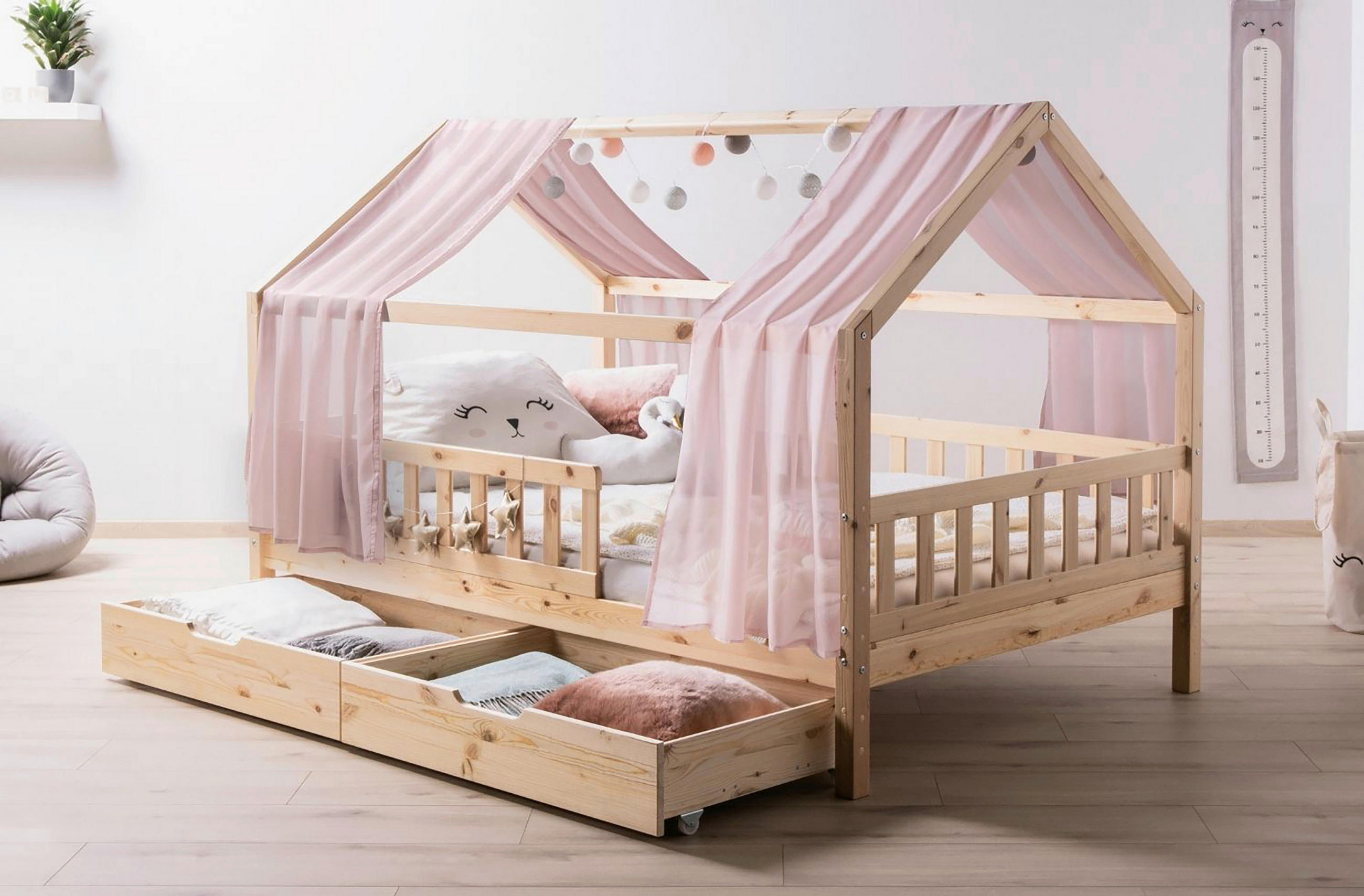 HAUSBETT Absturzsicherung, Vorhang, Lattenrost, Bettschublade 140/200 cm  in Naturfarben, Altrosa  - Altrosa/Naturfarben, MODERN, Holz/Textil (140/200cm) - MID.YOU