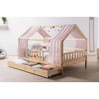 HAUSBETT Absturzsicherung, Vorhang, Lattenrost, Bettschublade 140/200 cm  in Naturfarben, Altrosa  - Altrosa/Naturfarben, MODERN, Holz/Textil (140/200cm) - MID.YOU