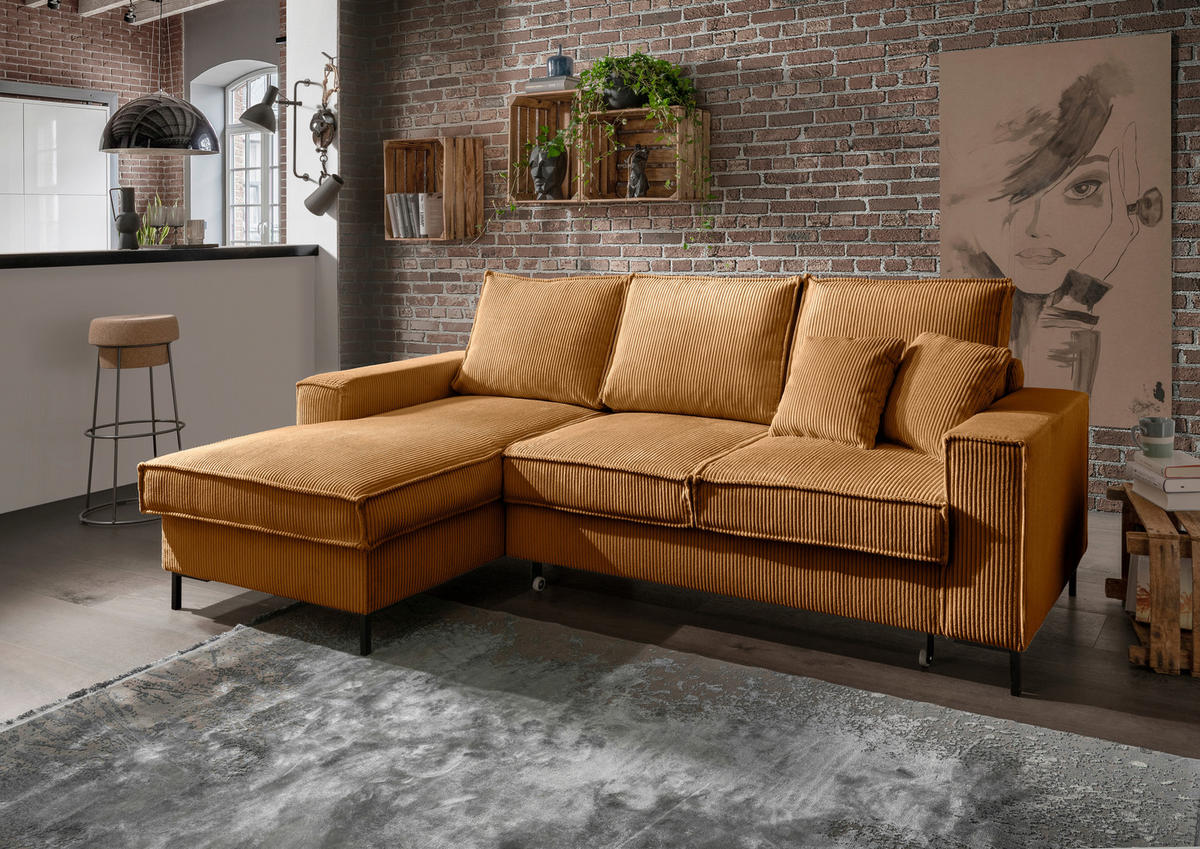 ECKSOFA Goldfarben Cord  - Goldfarben/Schwarz, MODERN, Textil/Metall (150/240cm) - Livetastic