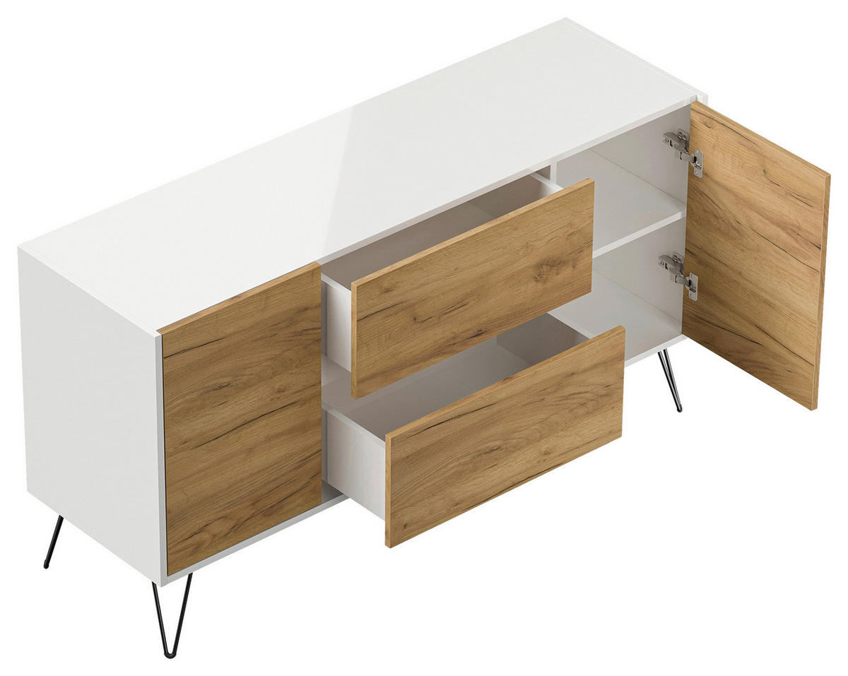 SIDEBOARD Posseik Industrial 139/75,8/42 cm 2 Schublade(n)  - Eichefarben/Weiß Hochglanz, Design, Holzwerkstoff/Metall (139/75,8/42cm) - MID.YOU