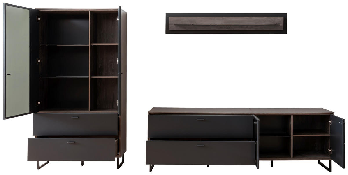 WOHNWAND  in Schwarz, Eichefarben  321/185/50 cm  - Eichefarben/Anthrazit, Design, Glas/Holz (321/185/50cm) - MID.YOU