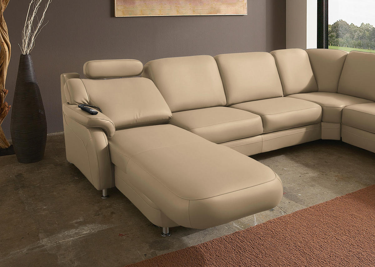 WOHNLANDSCHAFT Echtleder Beige  - Beige/Alufarben, Konventionell, Leder/Metall (165/329/239cm) - Beldomo Premium