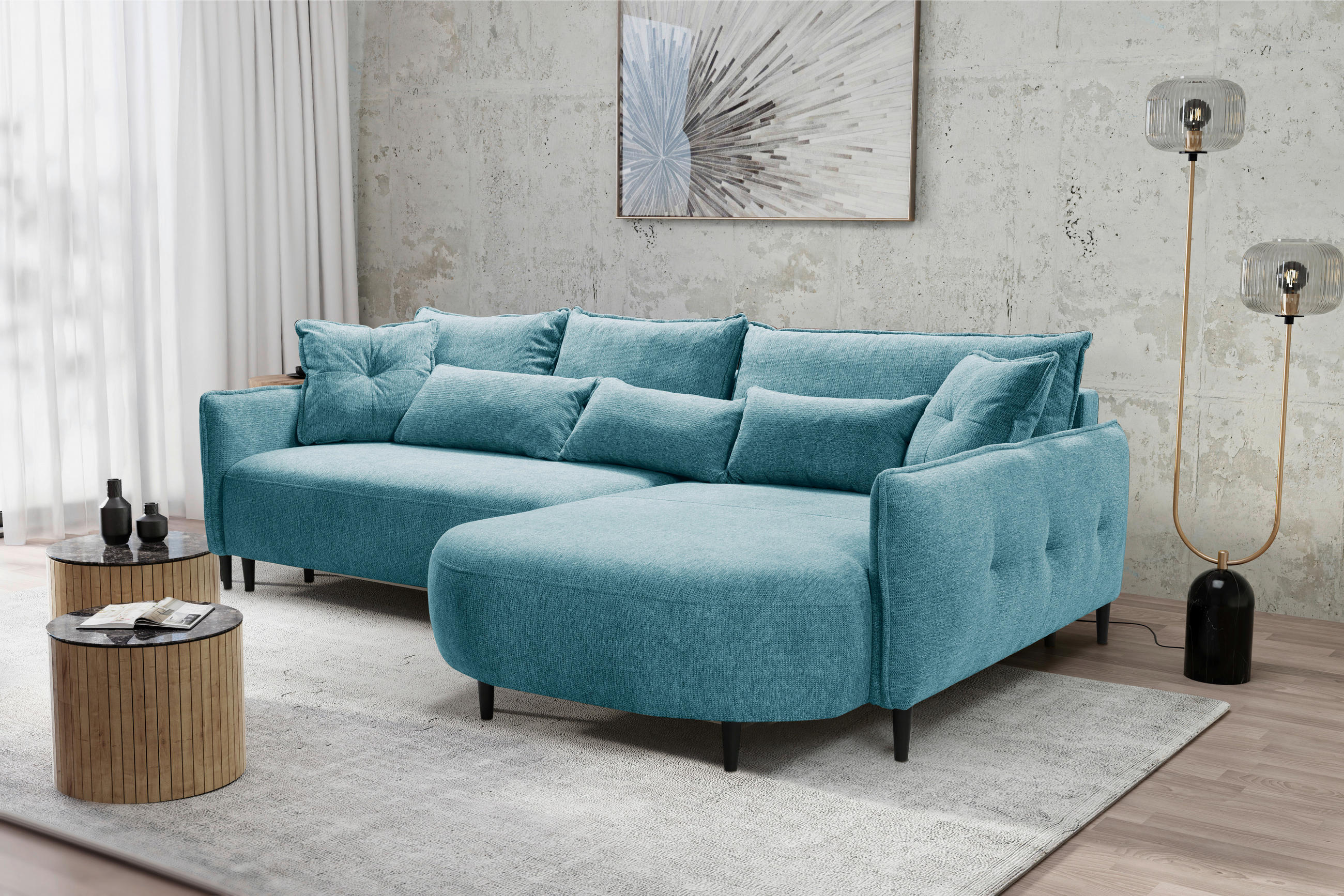 ECKSOFA in Chenille Blau  - Blau/Schwarz, Modern, Textil/Metall (285/200cm) - MID.YOU