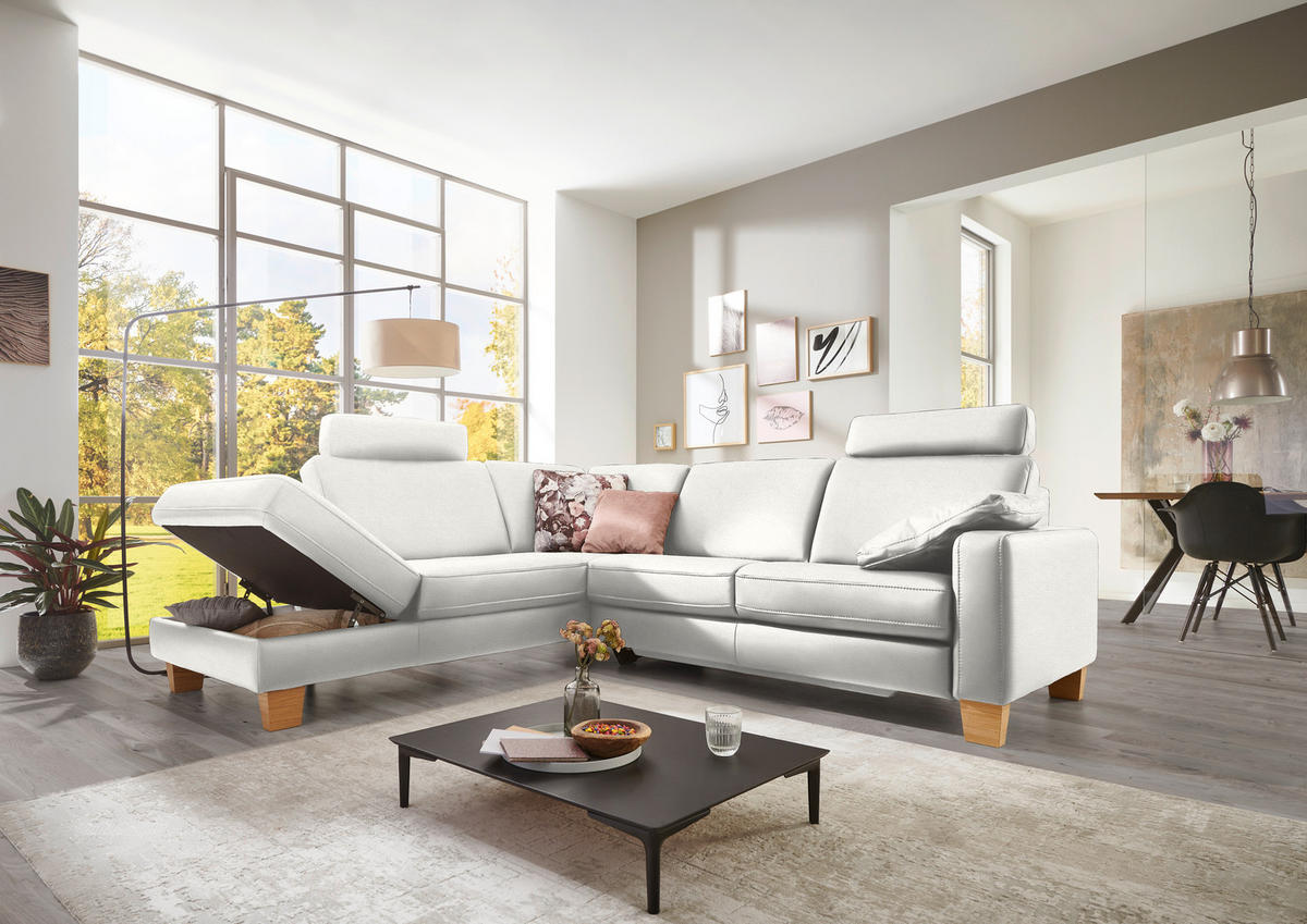 ECKSOFA in Echtleder Weiss  - Eiche Bianco/Weiss, Konventionell, Leder/Holz (235/257cm) - Valdera