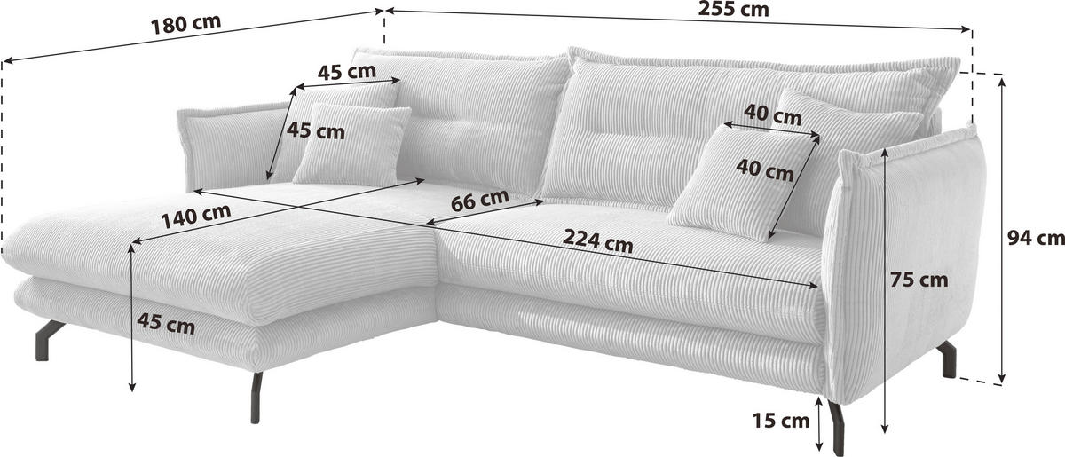ECKSOFA in Velours Beige  - Beige/Schwarz, Design, Textil/Metall (180/255cm) - Livetastic