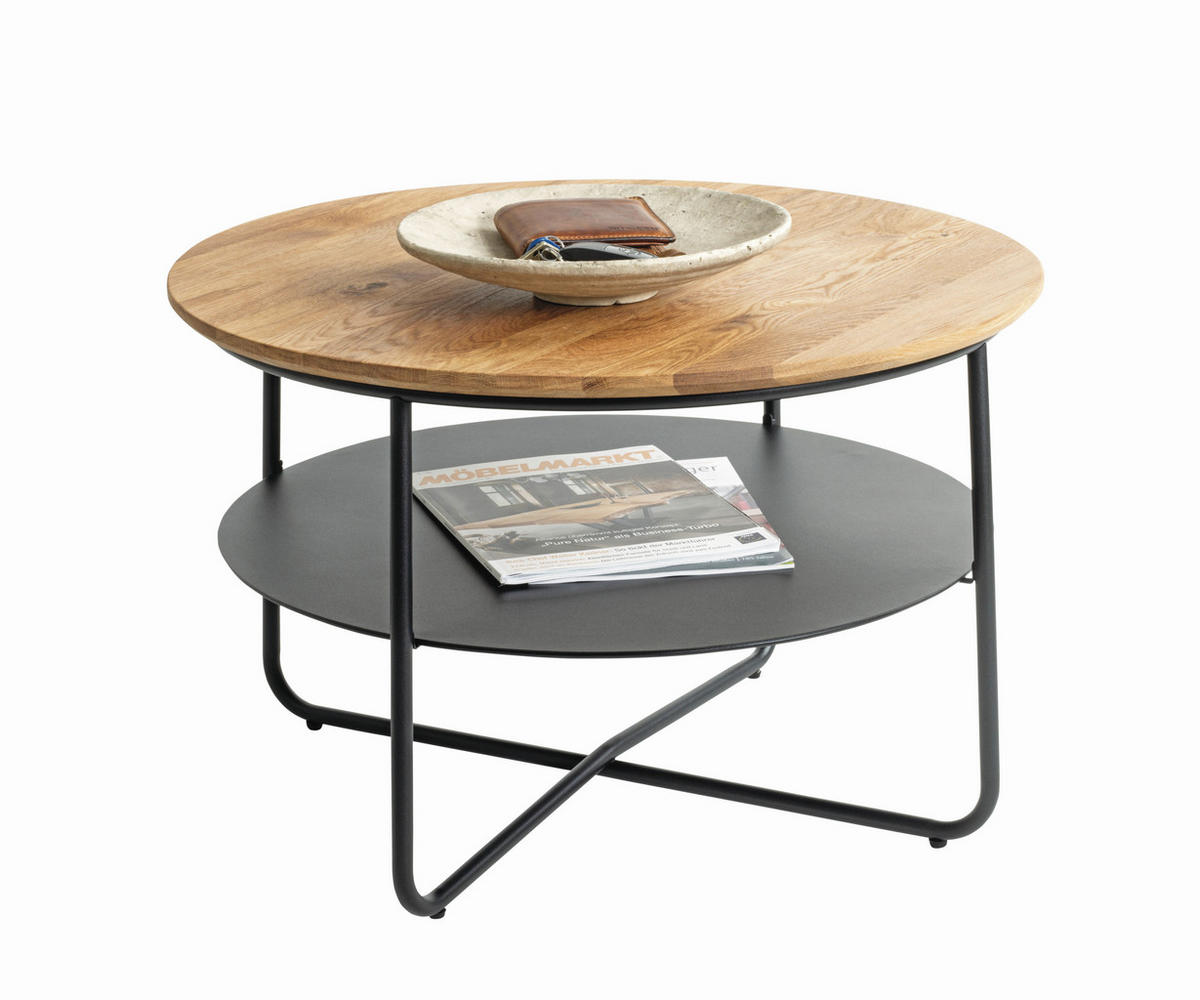 BEISTELLTISCH 70/70/45 cm Eiche massiv Schwarz, Eichefarben rund  - Eichefarben/Schwarz, Design, Holz/Metall (70/70/45cm)