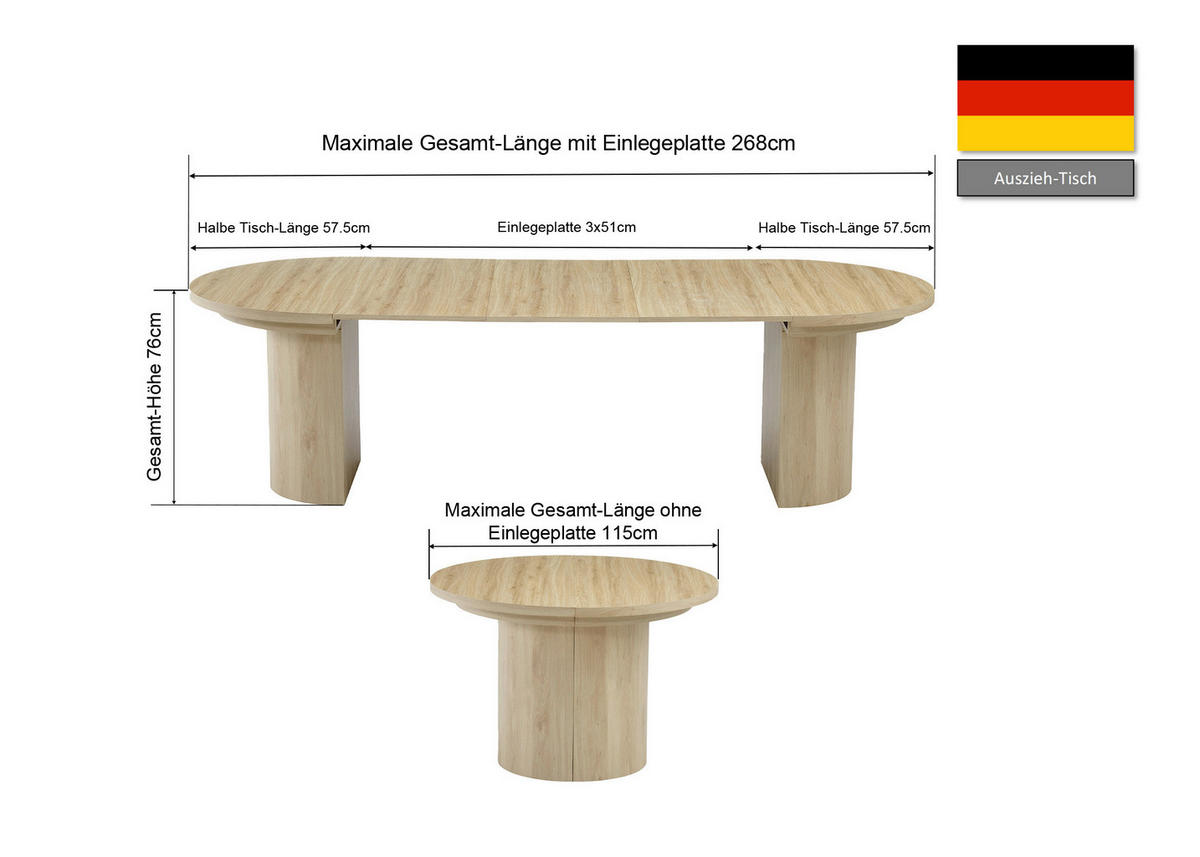 ESSTISCH 115-268/115/76 cm Nachbildung  Holzwerkstoff ausziehbar oval Eichefarben  - Eichefarben, MODERN, Holzwerkstoff (115-268/115/76cm) - P & B