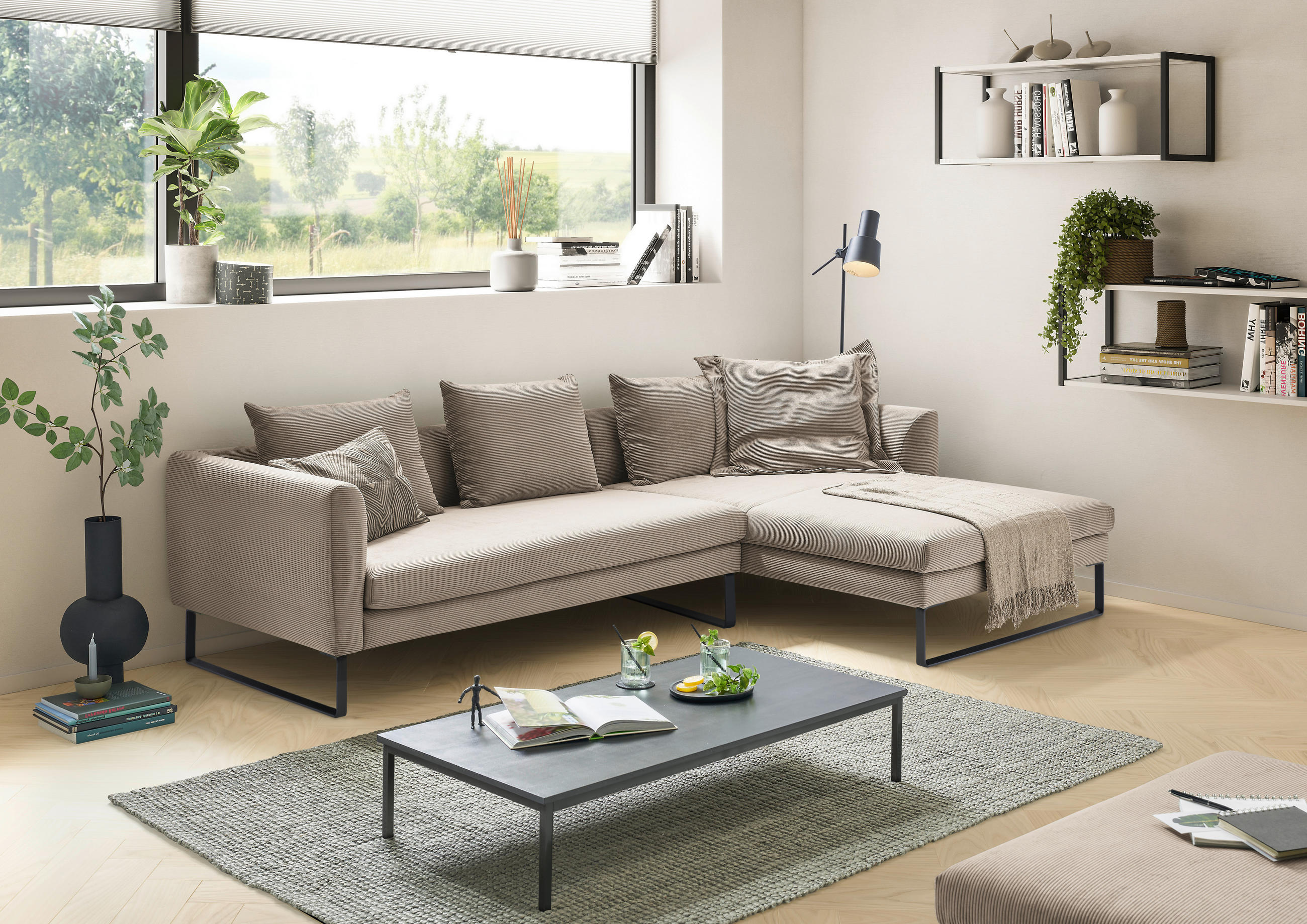 ECKSOFA in Cord Taupe  - Taupe/Schwarz, Konventionell, Textil/Metall (284/178cm) - Hom`in
