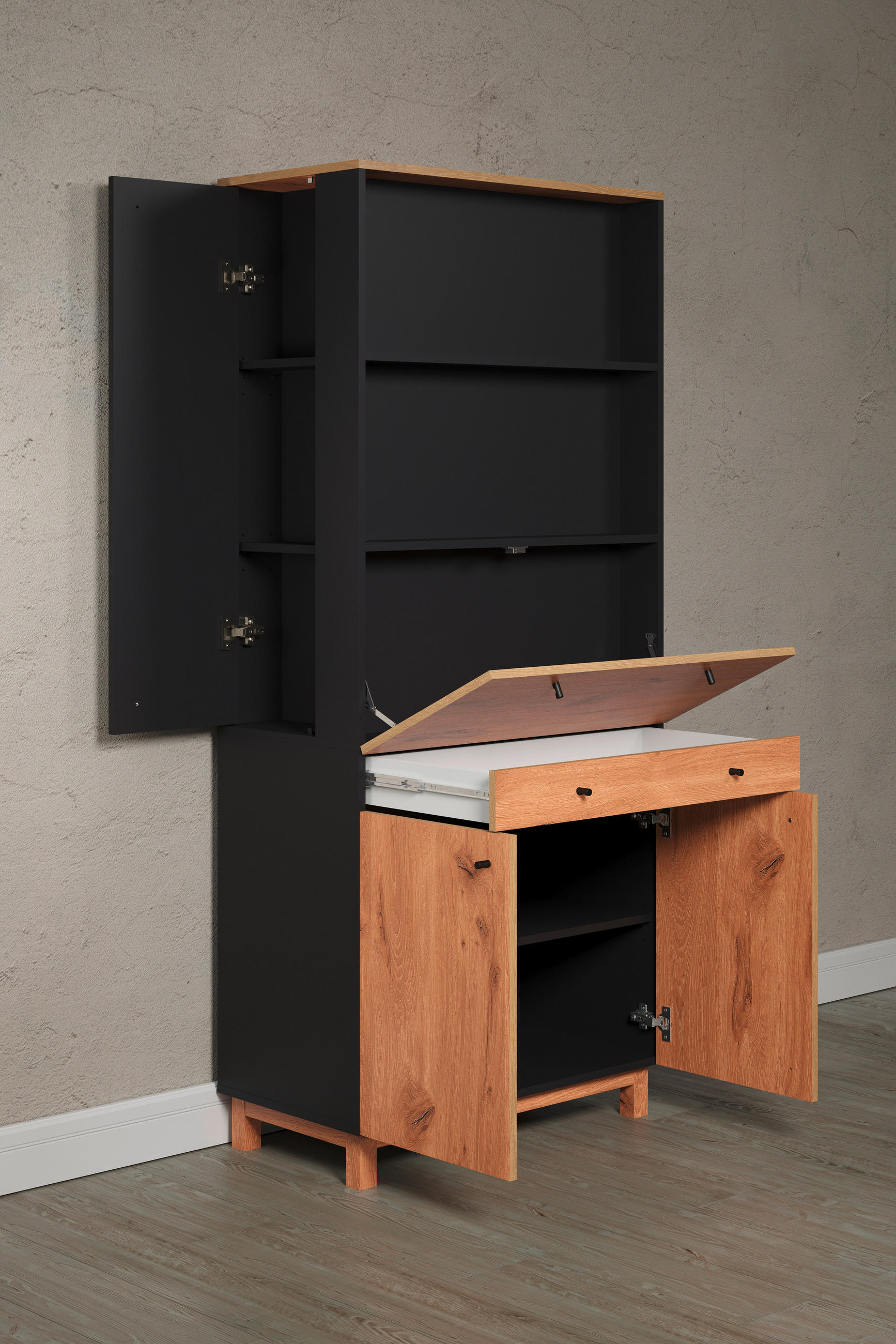 SEKRETÄR  klappbar, Stauraum  - Eichefarben/Schwarz, MODERN, Holzwerkstoff/Kunststoff (76/175/41cm) - Boxxx