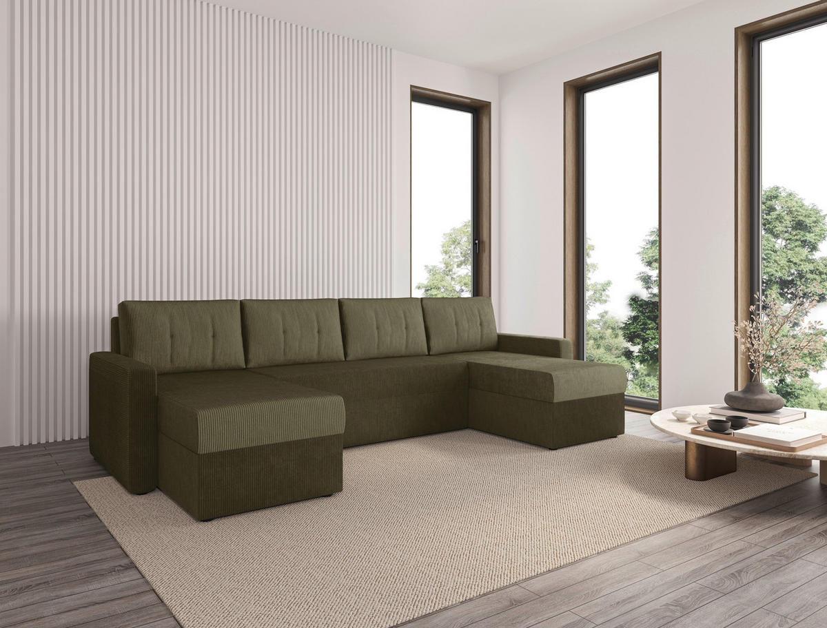 WOHNLANDSCHAFT Olivgrün Cord  - Schwarz/Olivgrün, KONVENTIONELL, Kunststoff/Textil (152/290/152cm) - Ti'me