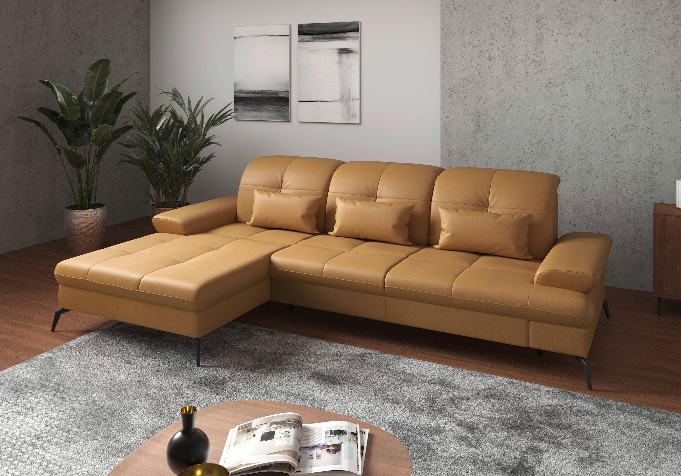 ECKSOFA Currygelb Kombination Echtleder/Stoff Vliesstoff  - Currygelb/Schwarz, KONVENTIONELL, Leder/Textil (185/279cm) - Sit & More