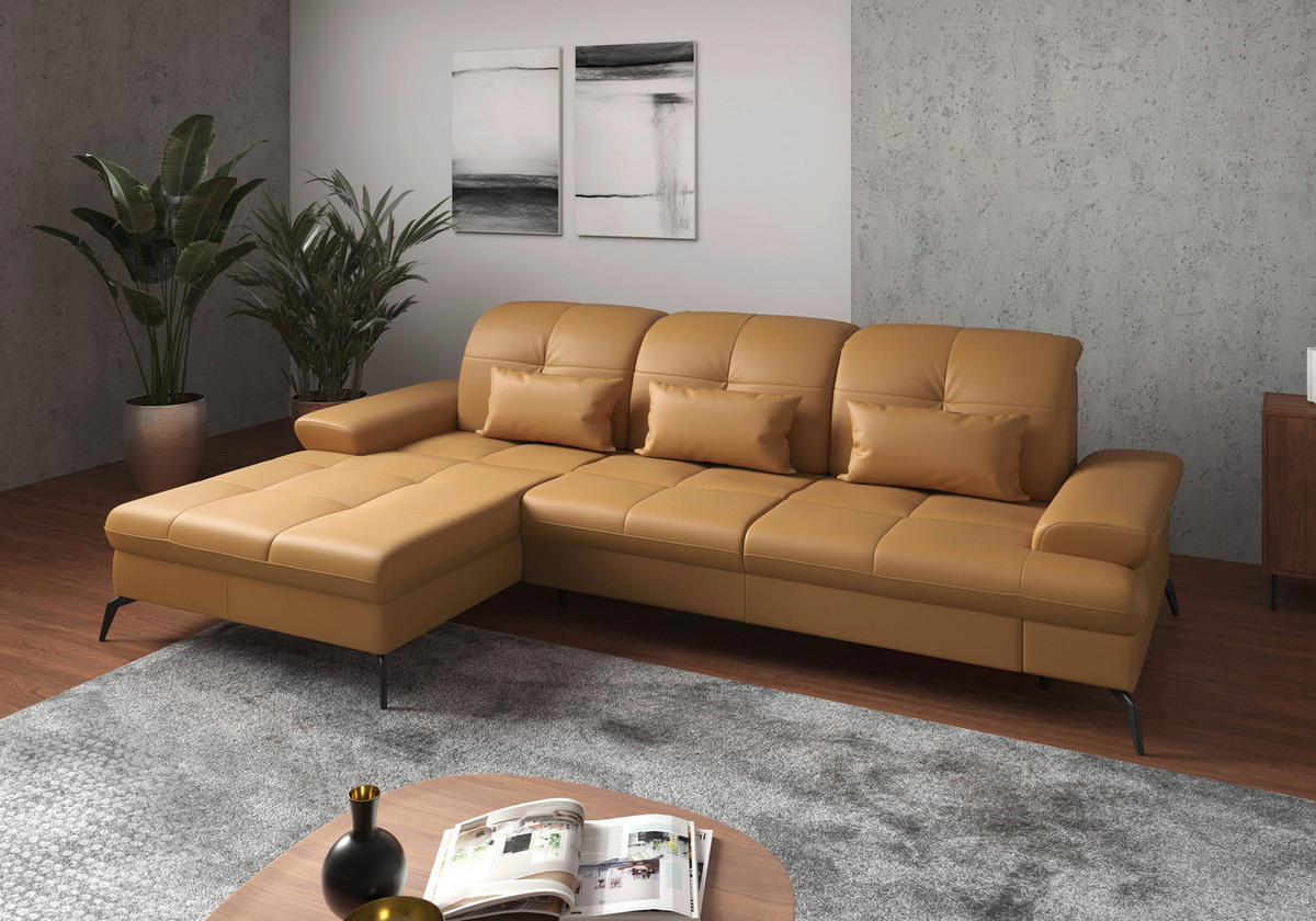 ECKSOFA Currygelb Echtleder  - Currygelb/Schwarz, KONVENTIONELL, Leder/Metall (185/279cm) - Sit & More