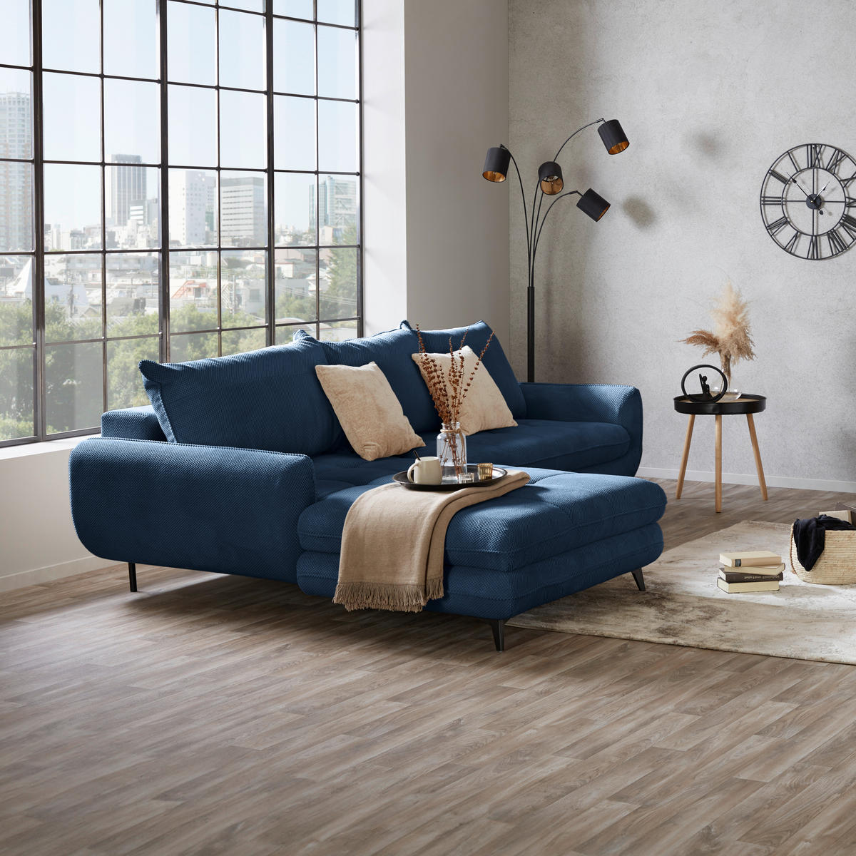 ECKSOFA WAVE Dunkelblau Struktur  - Beige/Schwarz, MODERN, Textil/Metall (189/266cm) - MID.YOU