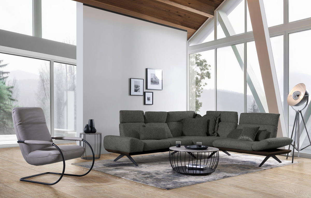 ECKSOFA Chenille, Flachgewebe Braun, Graubraun  - Graubraun/Schwarz, Design, Textil/Metall (270/239cm) - Koinor