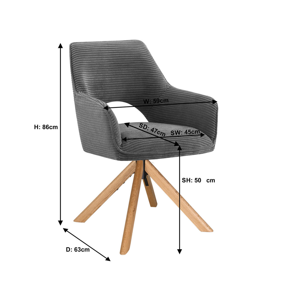 ARMLEHNSTUHL  Sitzfläche 360° drehbar, inklusive Armlehnen Cord  - Eichefarben/Dunkelgrau, Design, Holz/Textil (60/85/63cm) - Hom`in