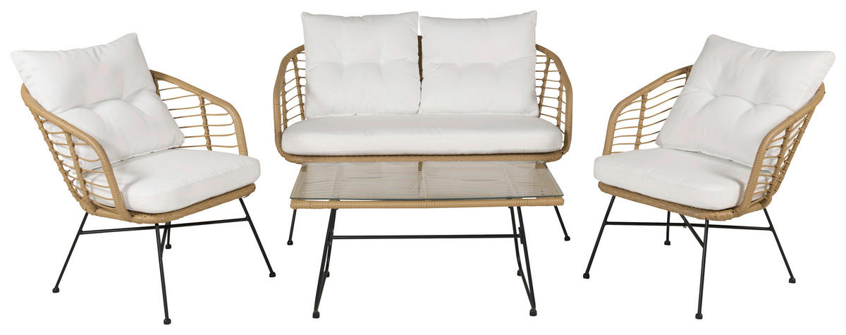 LOUNGEGARNITUR Stahl  - Beige/Schwarz, KONVENTIONELL, Glas/Kunststoff - Gardenson