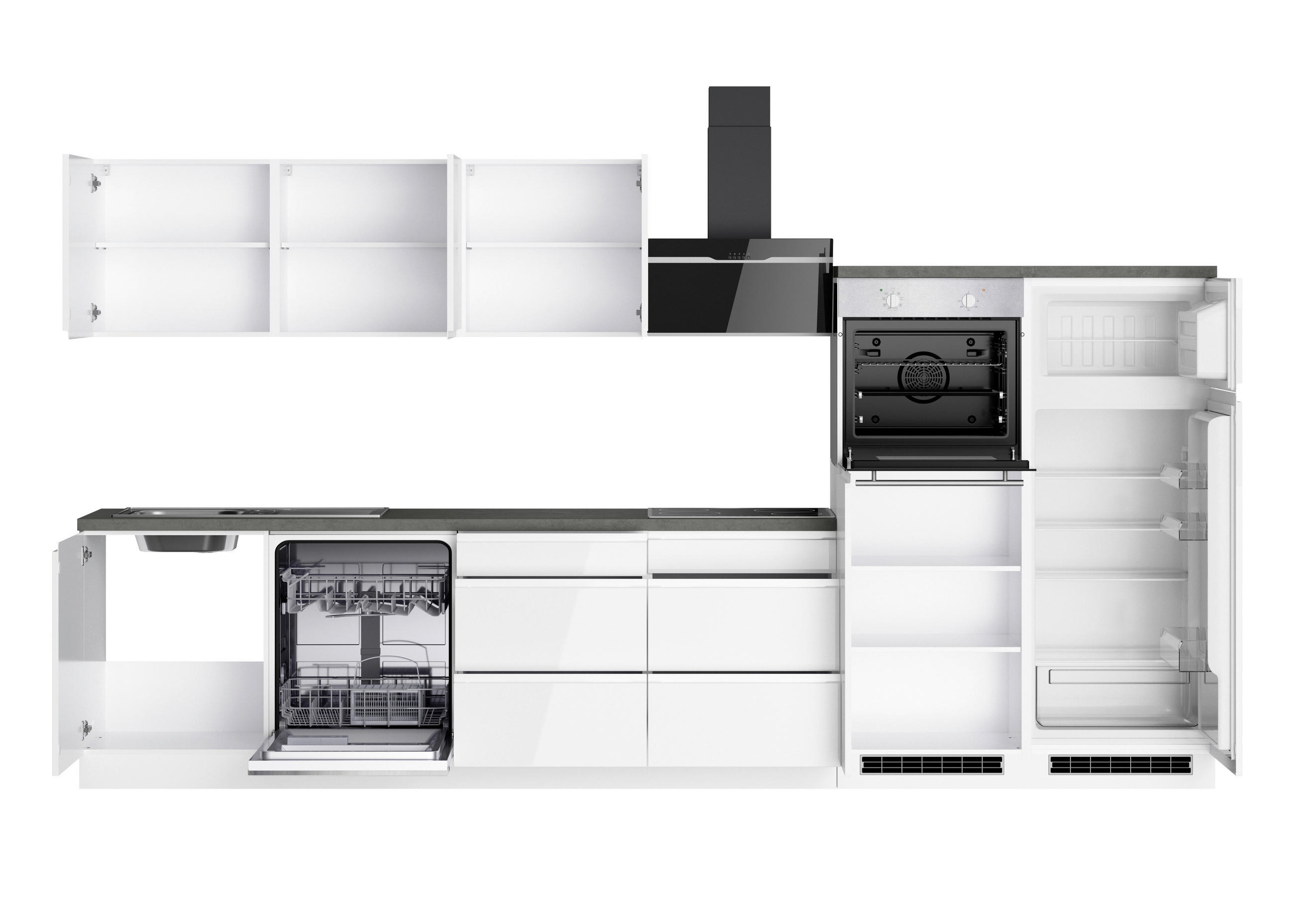 KÜCHENBLOCK 360 cm   in Grau, Weiss, Weiss Hochglanz  - Weiss Hochglanz/Weiss, Lifestyle, Holzwerkstoff (360cm) - Held