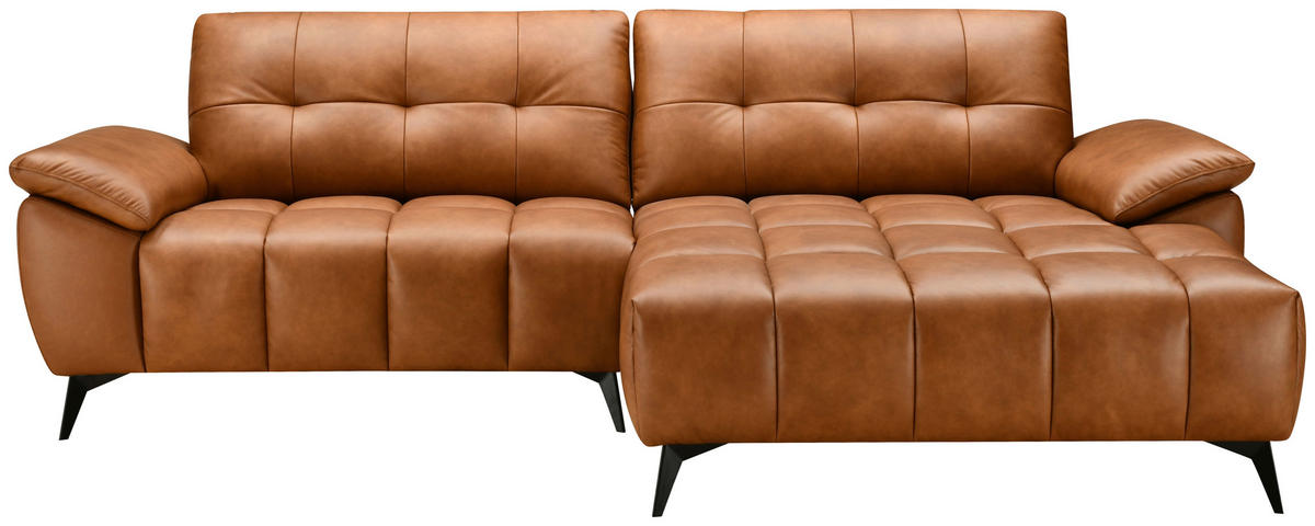 ECKSOFA in Lederlook Echtleder Cognac   - Cognac/Schwarz, Design, Leder/Textil (266/86/120cm) - MID.YOU