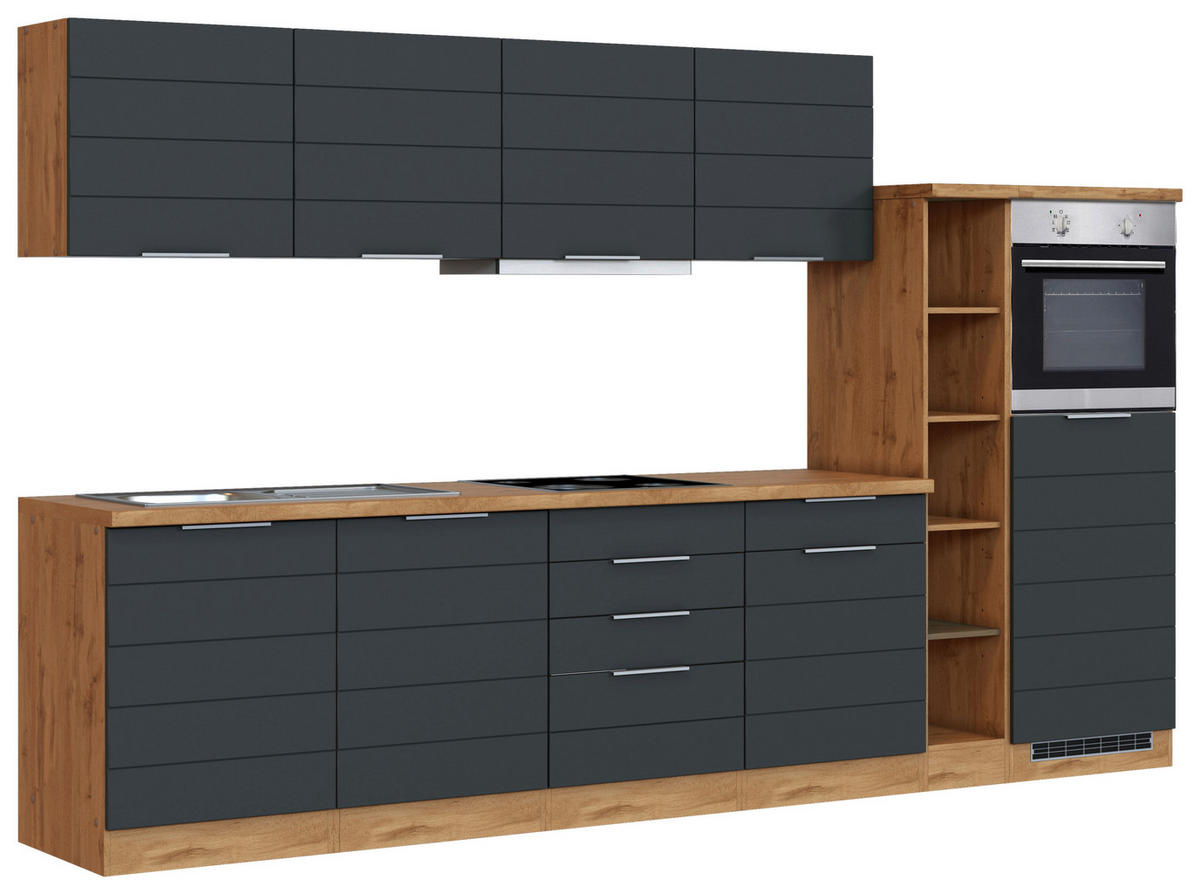 KÜCHENBLOCK 330 cm   in Grau, Eiche Wotan  - Eiche Wotan/Grau, Design, Holzwerkstoff/Metall (330cm) - Held