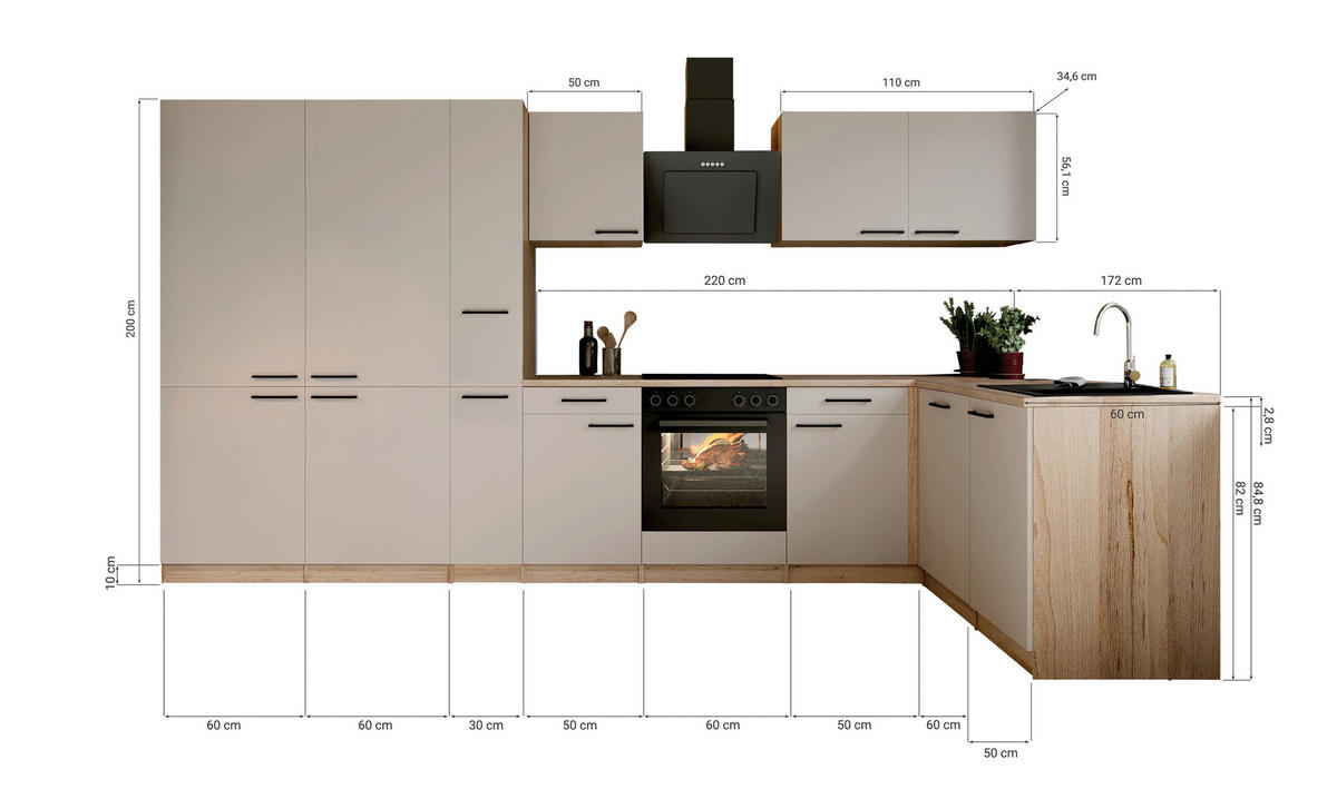 ECKKÜCHE Merle 370/172 cm  in Kaschmir  - Kaschmir/Eichefarben, Trend, Holzwerkstoff/Metall (370/172cm) - Respekta