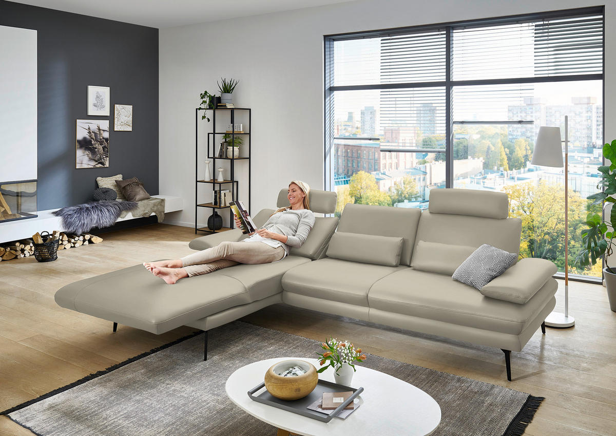 ECKSOFA in Echtleder Ecru  - Ecru/Schwarz, Design, Leder/Metall (180/310cm) - Dieter Knoll