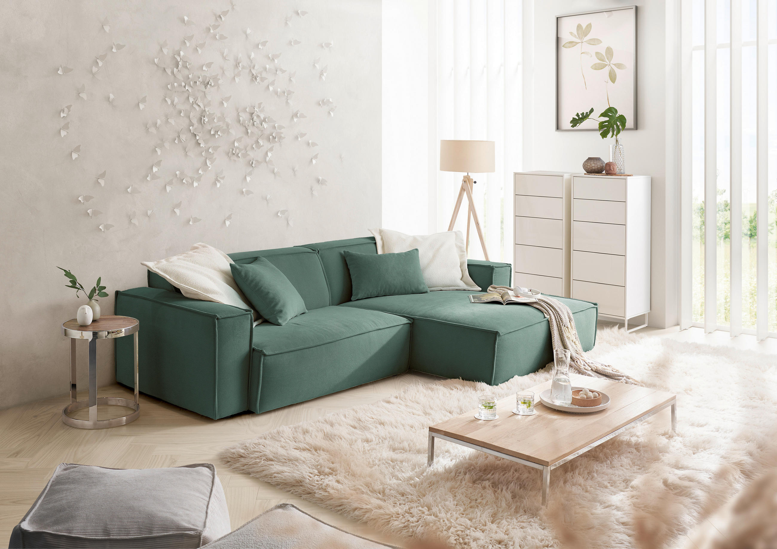 ECKSOFA in Feincord Grün  - Schwarz/Grün, Konventionell, Kunststoff/Textil (276/168cm) - Hom`in