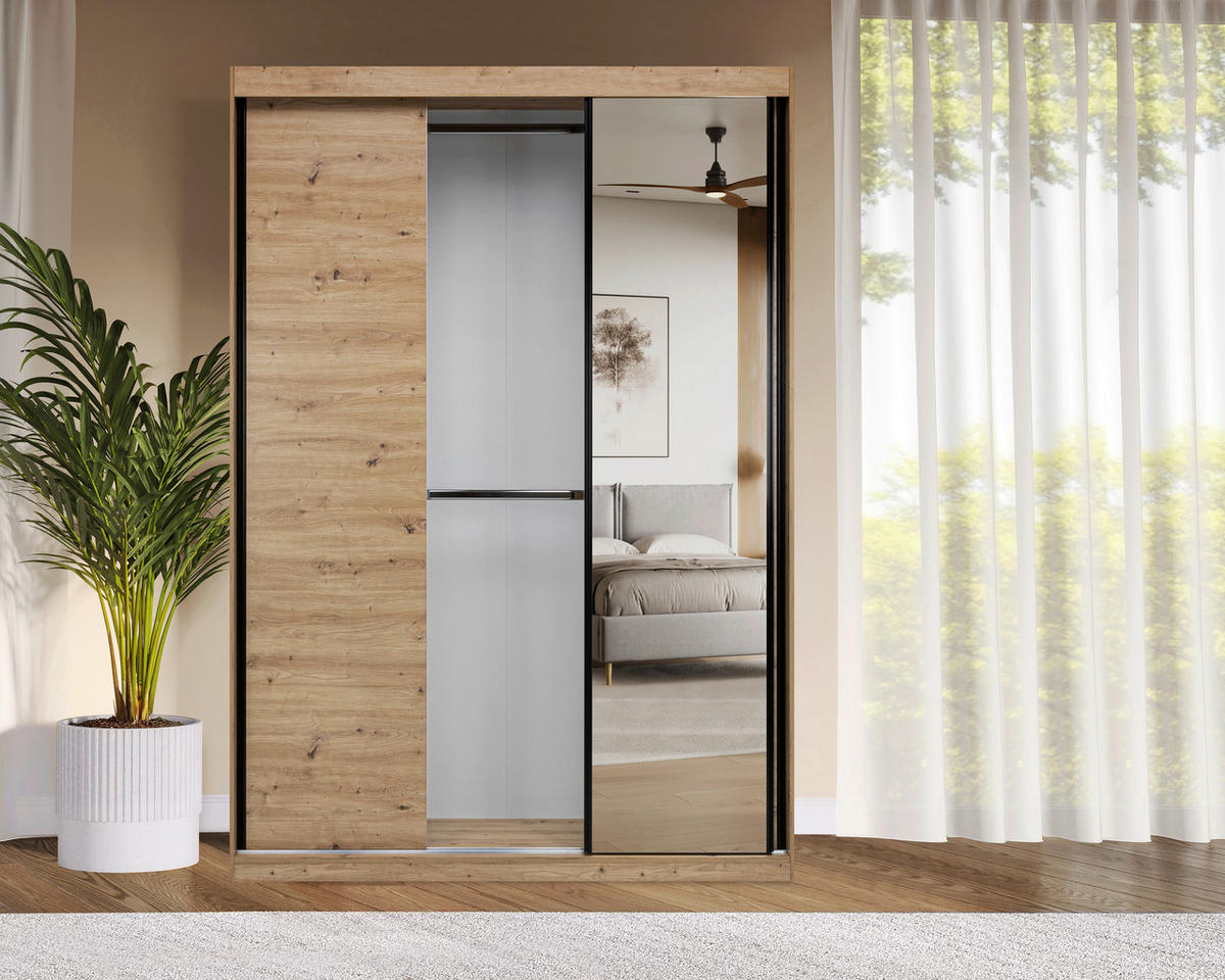 SCHIEBETÜRENSCHRANK 150/215/59,5 cm 3-türig  - Schwarz/Eiche Artisan, MODERN, Holzwerkstoff/Metall (150/215/59,5cm) - MID.YOU